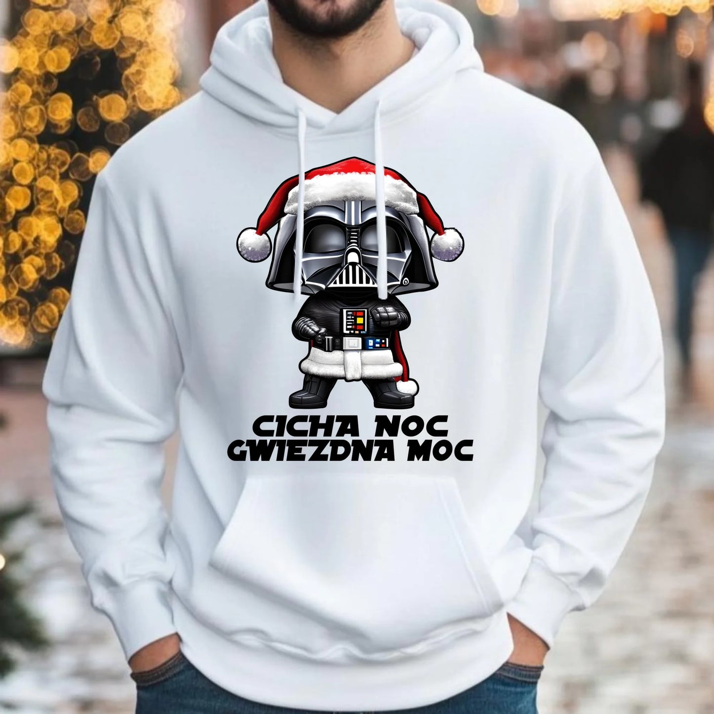 Bluza męska z kapturem świąteczna dla fanów Gwiezdnych Wojen - Cicha noc, gwiezdna moc BN132 - StoryCups.pl