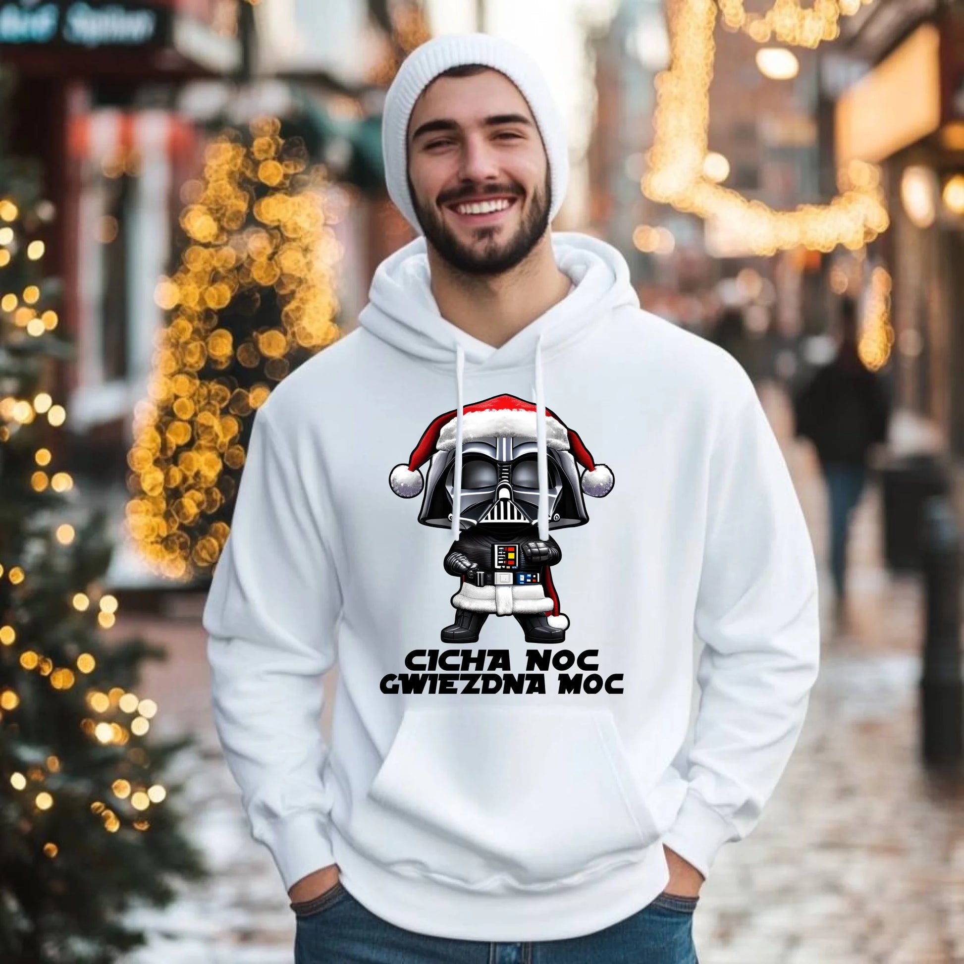 Bluza męska z kapturem świąteczna dla fanów Gwiezdnych Wojen - Cicha noc, gwiezdna moc BN132 - StoryCups.pl