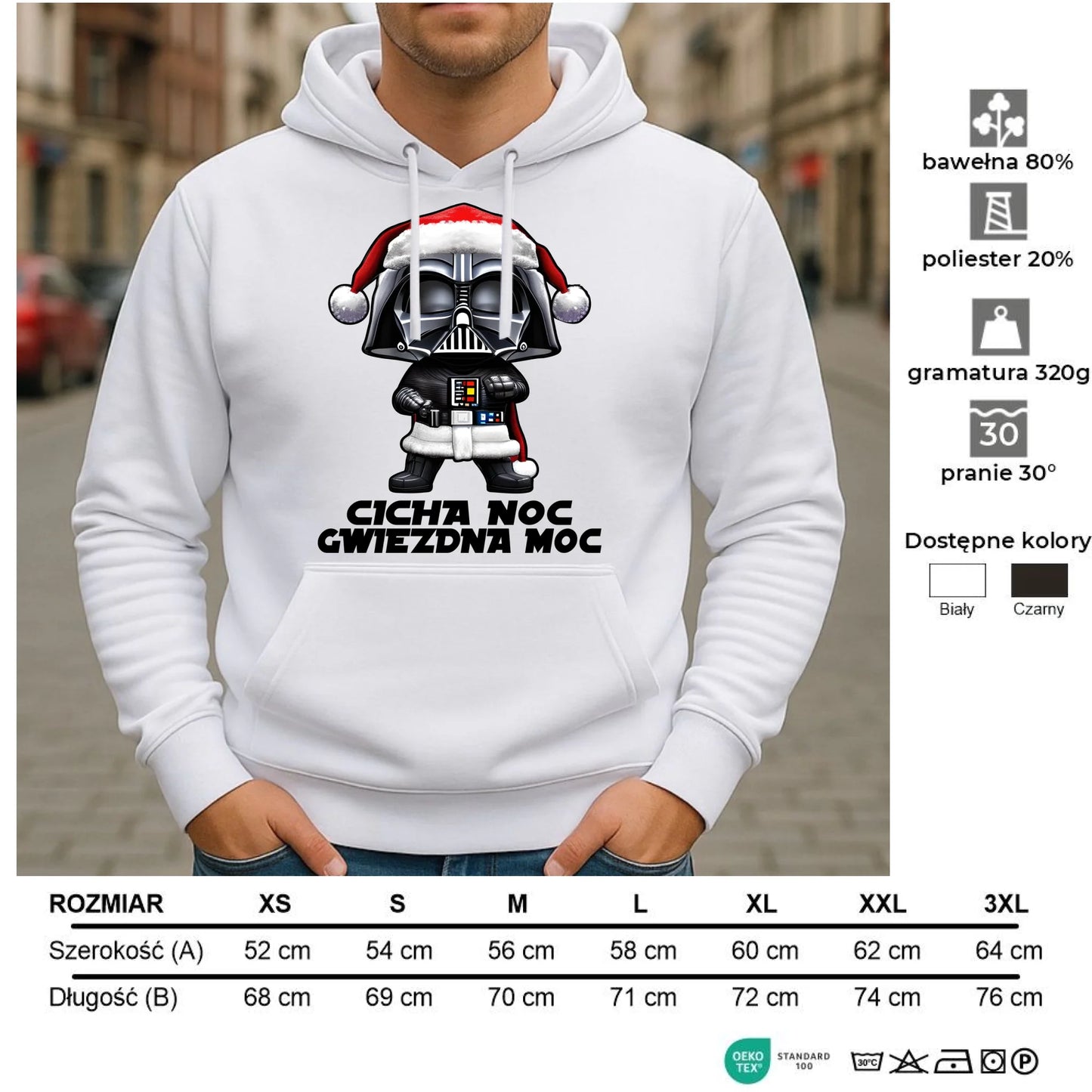 Bluza męska z kapturem świąteczna dla fanów Gwiezdnych Wojen - Cicha noc, gwiezdna moc BN132 - StoryCups.pl