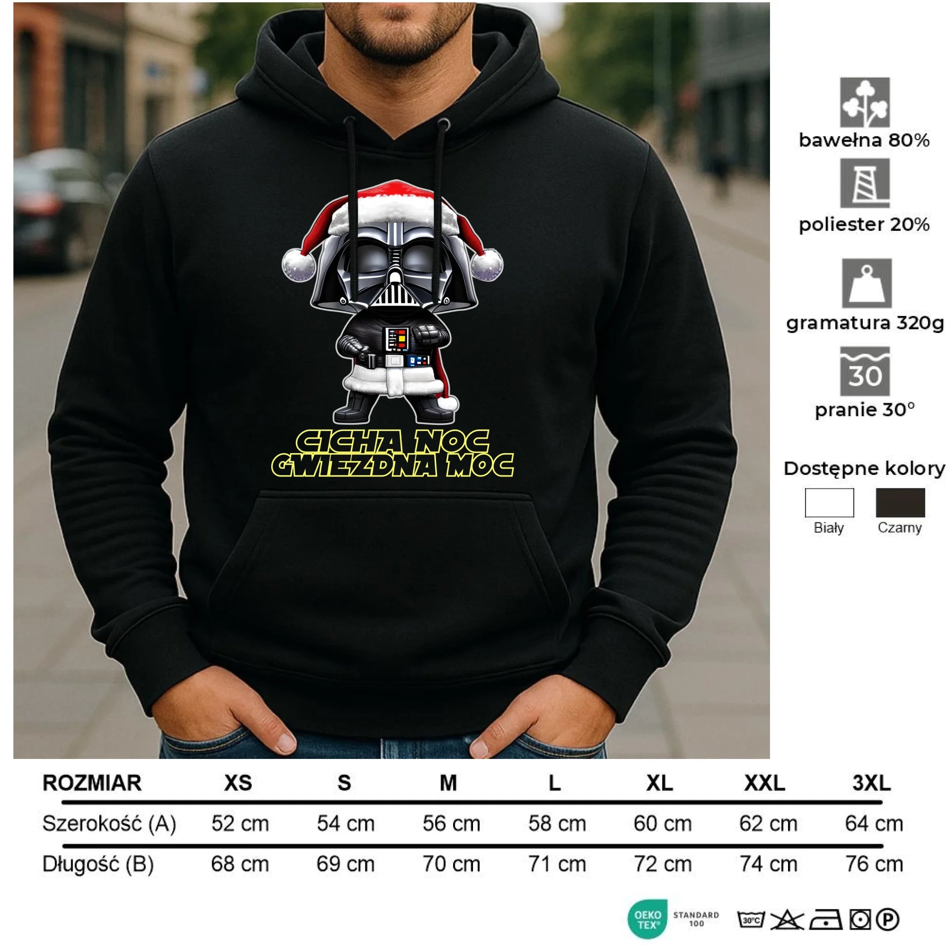 Bluza męska z kapturem świąteczna dla fanów Gwiezdnych Wojen - Cicha noc, gwiezdna moc BN132 - StoryCups.pl