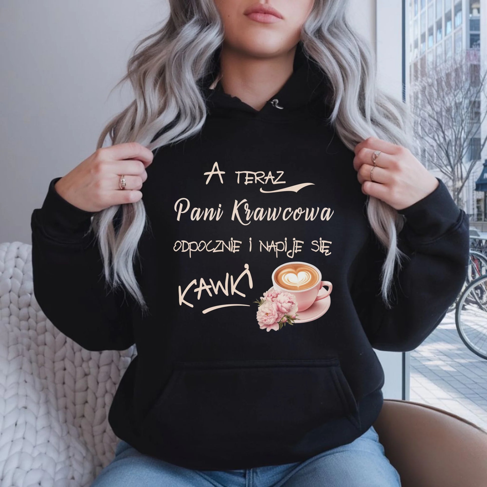 Bluza damska z kapturem szyciowa dla krawcowej - Napije się kawki HS27 - StoryCups.pl