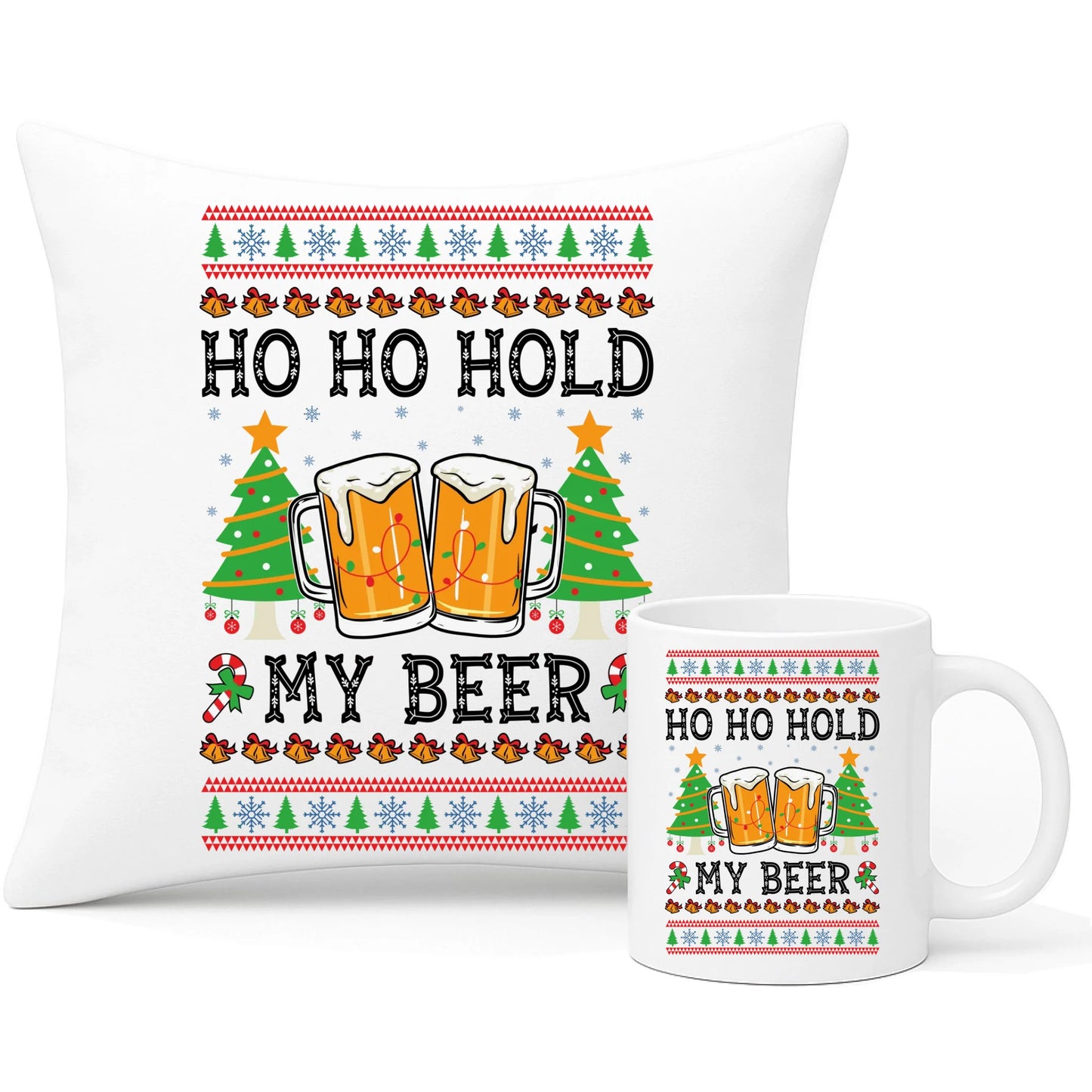 Zestaw poduszka i kubek świąteczny - Ho ho hold my beer BN131 - StoryCups.pl