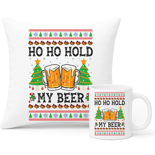 Zestaw poduszka i kubek świąteczny - Ho ho hold my beer BN131 - StoryCups.pl