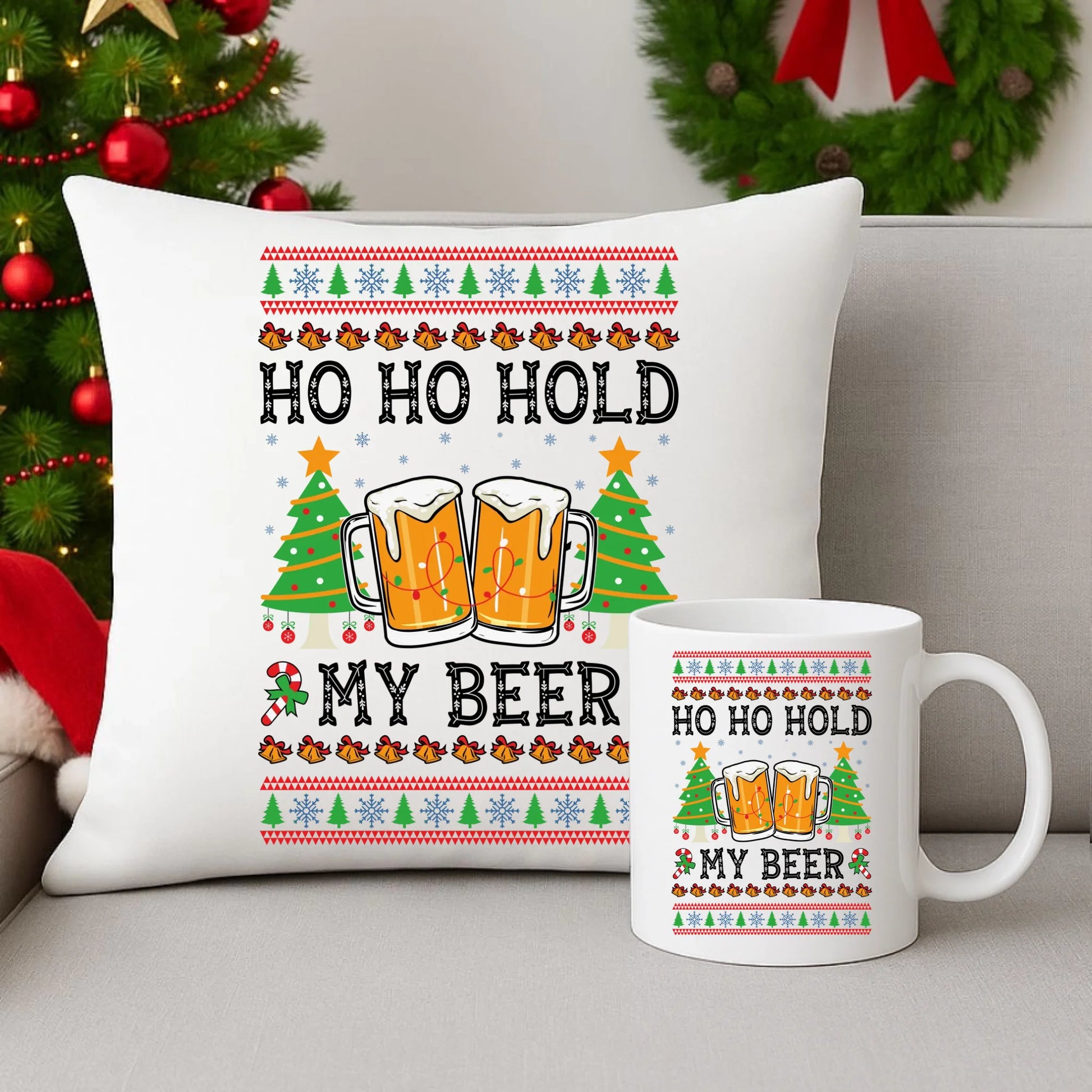 Zestaw poduszka i kubek świąteczny - Ho ho hold my beer BN131 - StoryCups.pl
