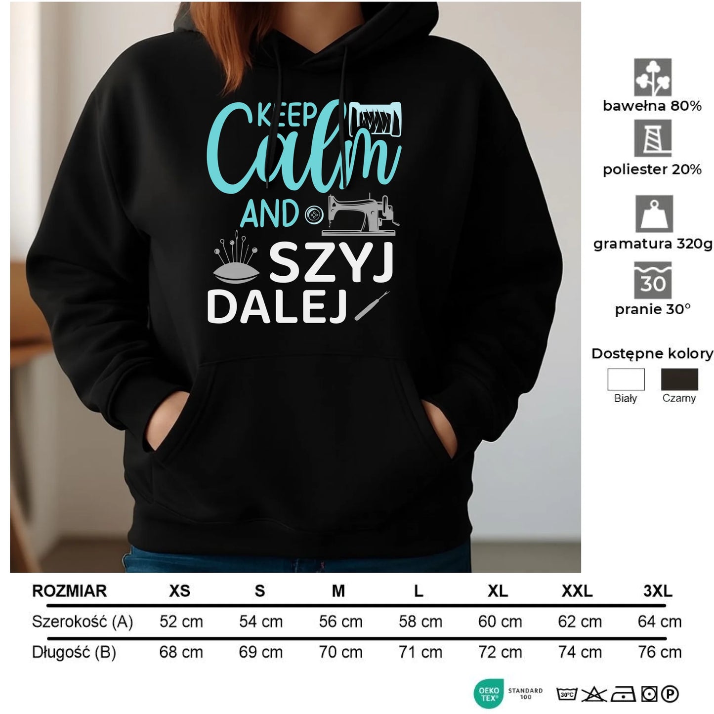Bluza damska z kapturem szyciowa dla krawcowej - KEEP CALM and SZYJ DALEJ HS31 - StoryCups.pl