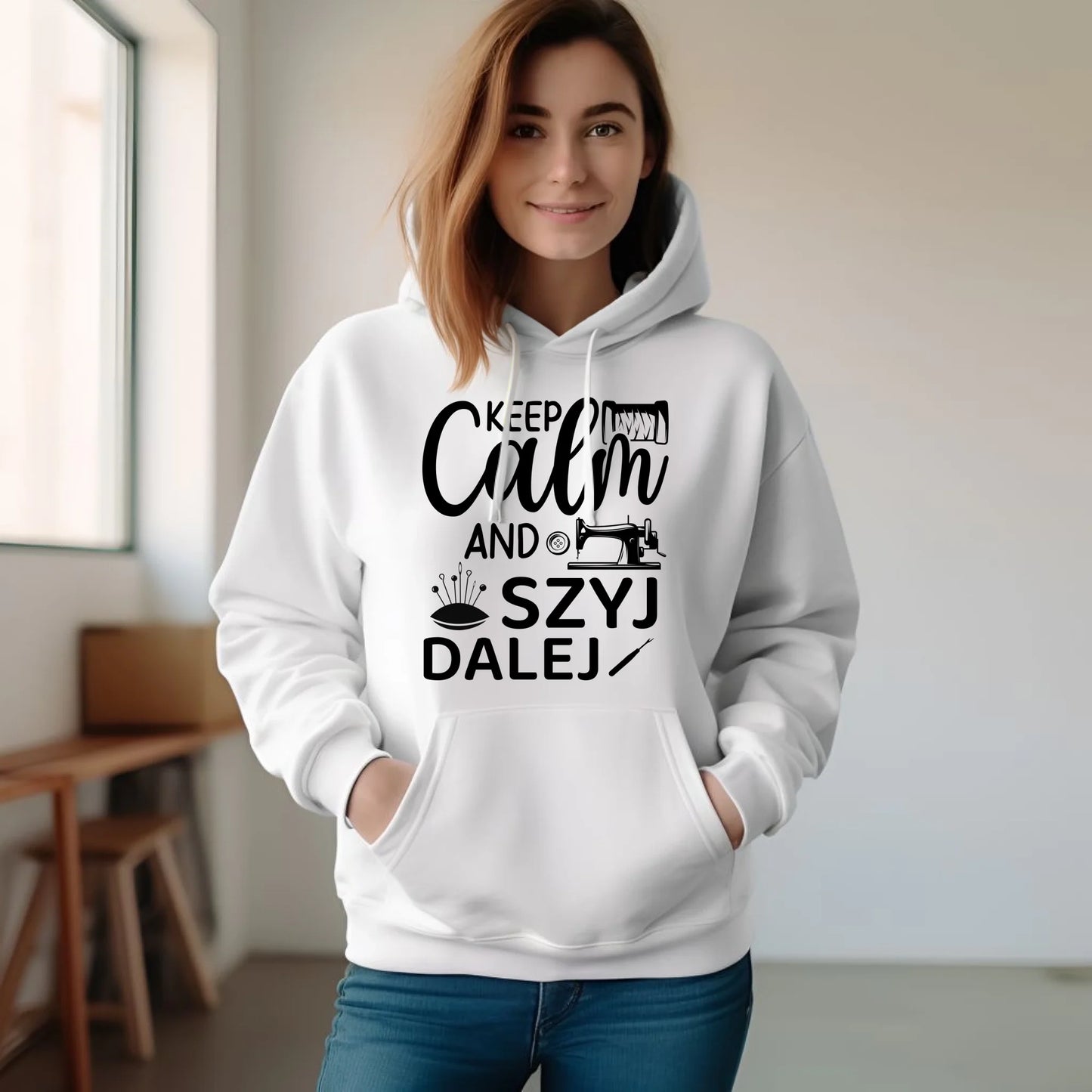 Bluza damska z kapturem szyciowa dla krawcowej - KEEP CALM and SZYJ DALEJ HS31 - StoryCups.pl