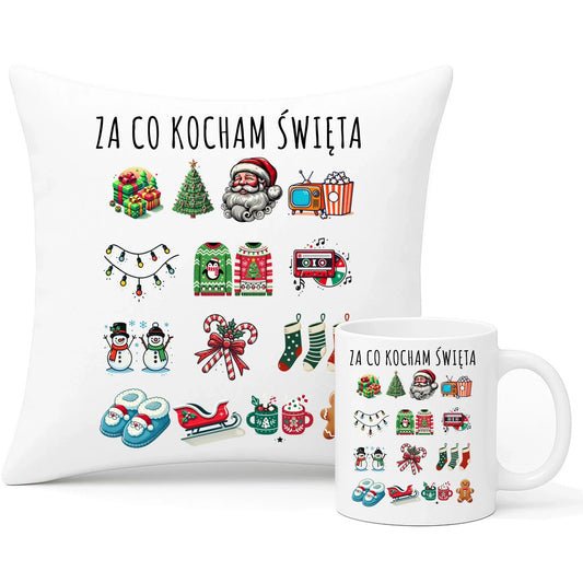 Zestaw poduszka i kubek świąteczny - Za co kocham święta BN130 - StoryCups.pl