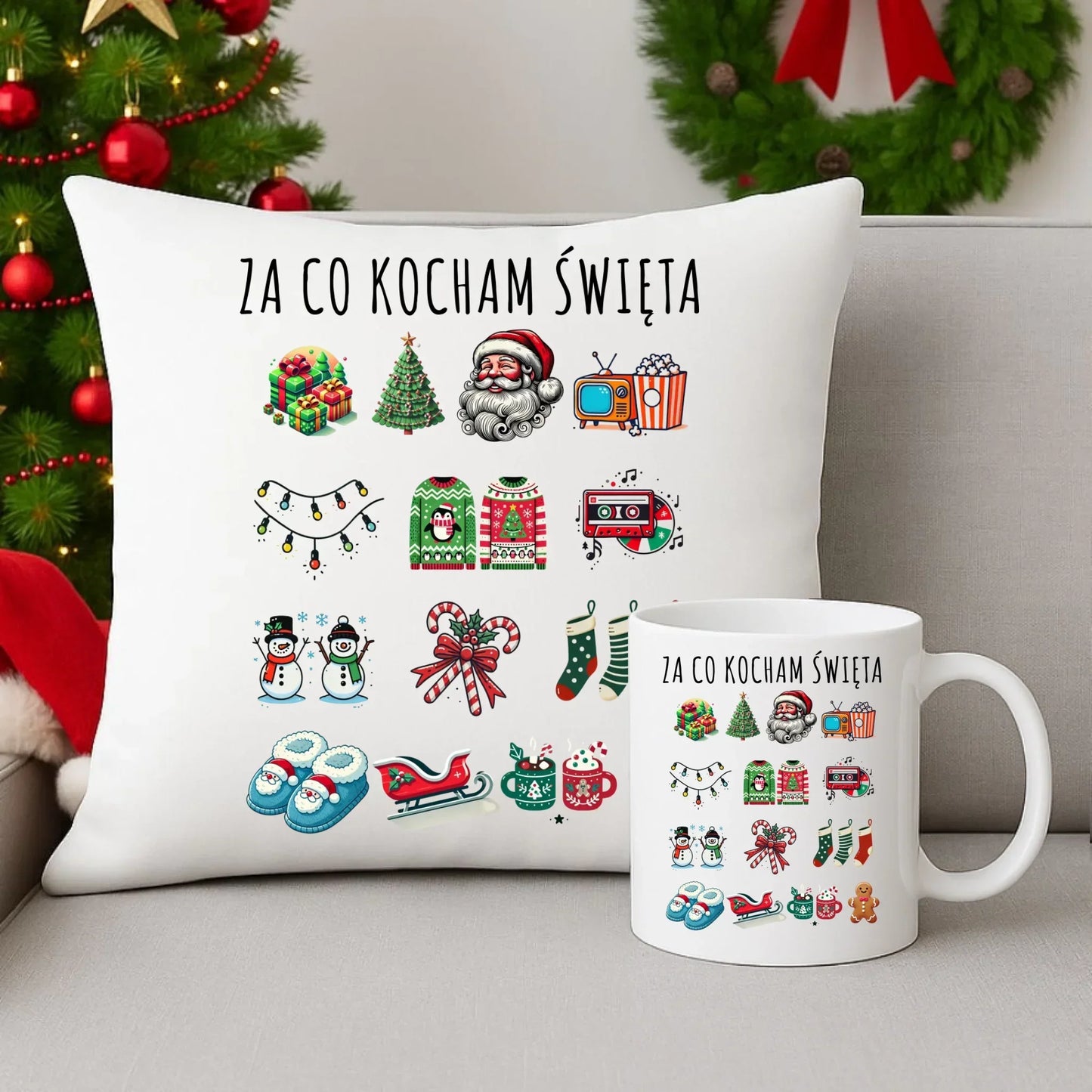Zestaw poduszka i kubek świąteczny - Za co kocham święta BN130 - StoryCups.pl