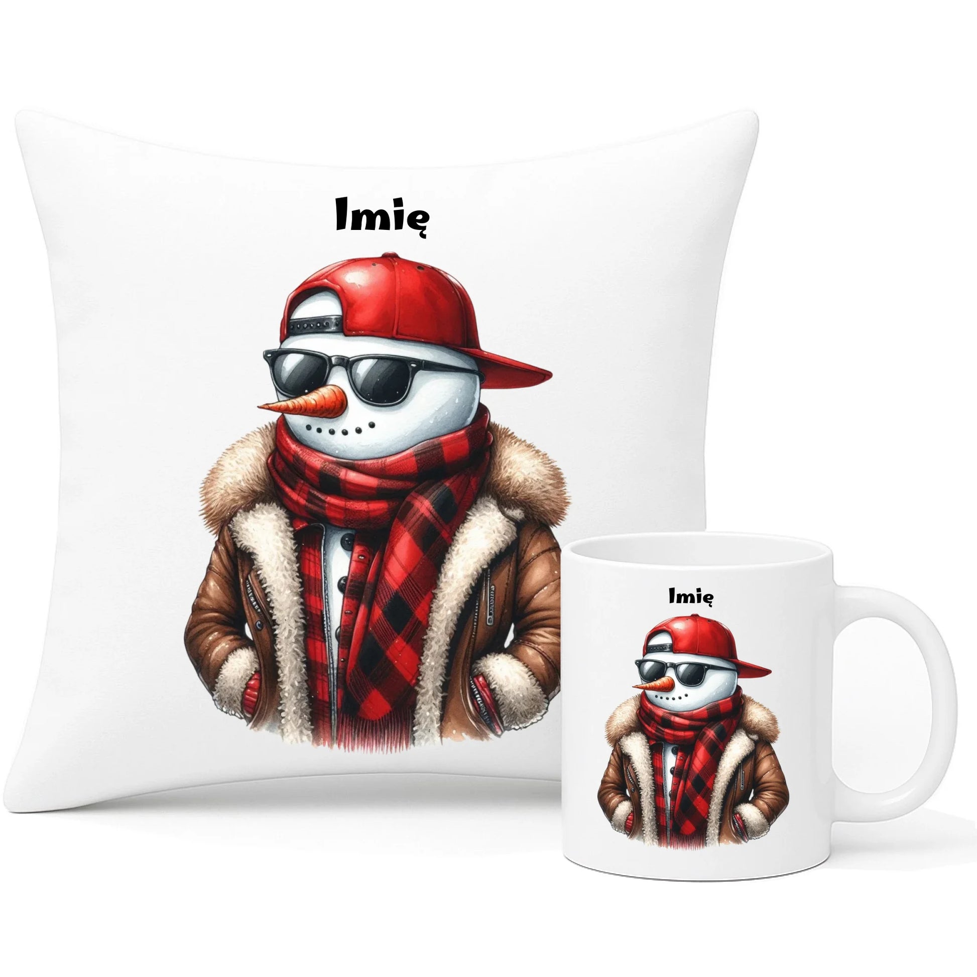 Zestaw poduszka i kubek świąteczny - Stylowy bałwan - personalizowany BN129 - StoryCups.pl