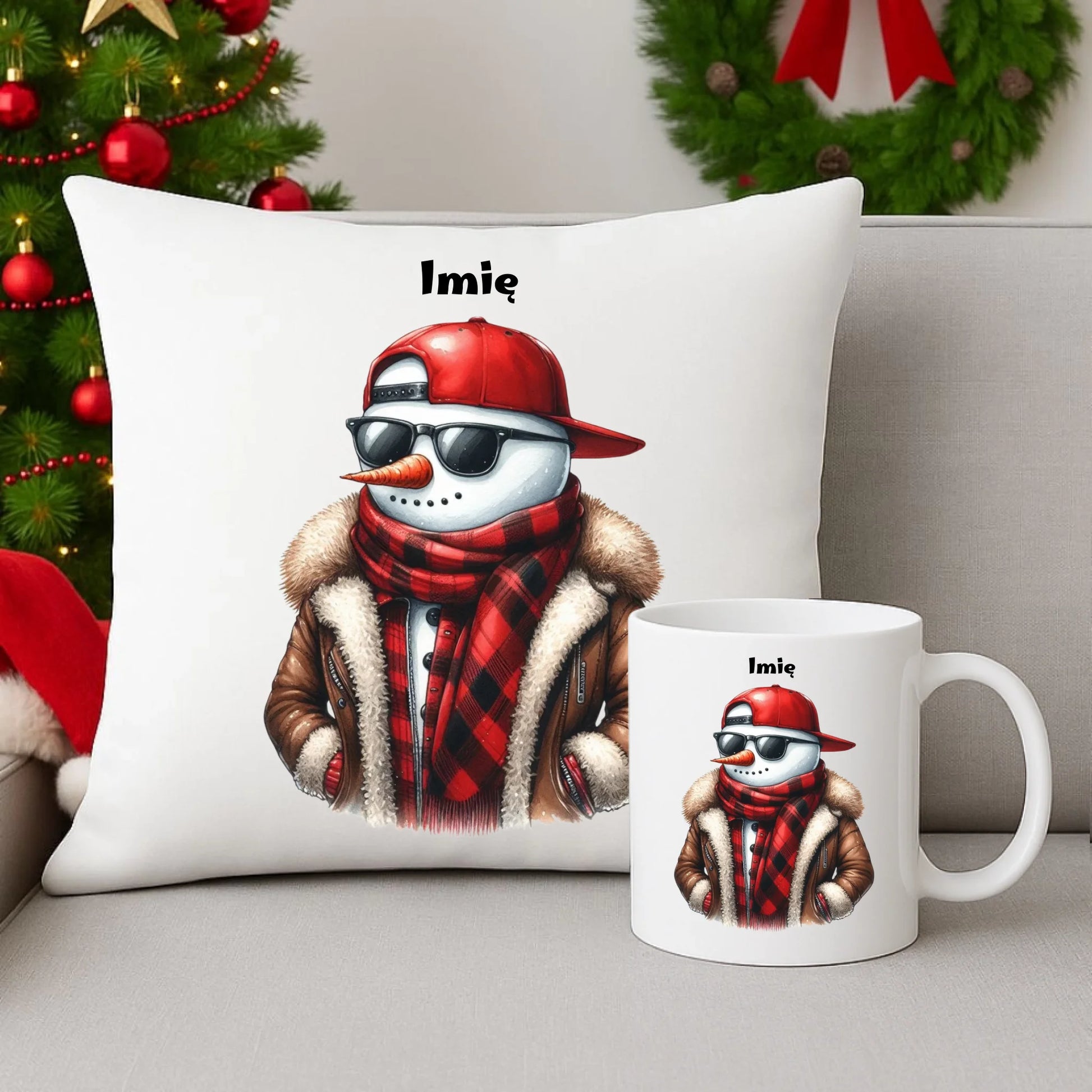 Zestaw poduszka i kubek świąteczny - Stylowy bałwan - personalizowany BN129 - StoryCups.pl