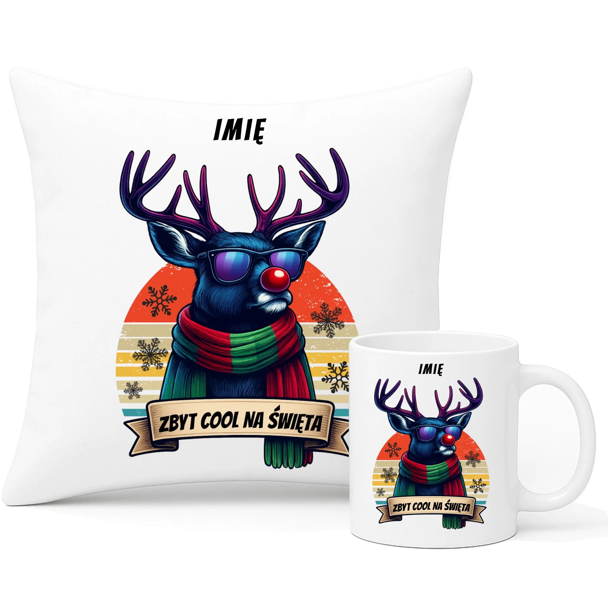 Zestaw poduszka i kubek świąteczny z reniferem - Zbyt cool na święta - personalizowany BN128 - StoryCups.pl