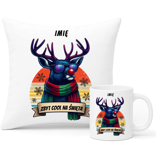 Zestaw poduszka i kubek świąteczny z reniferem - Zbyt cool na święta - personalizowany BN128 - StoryCups.pl