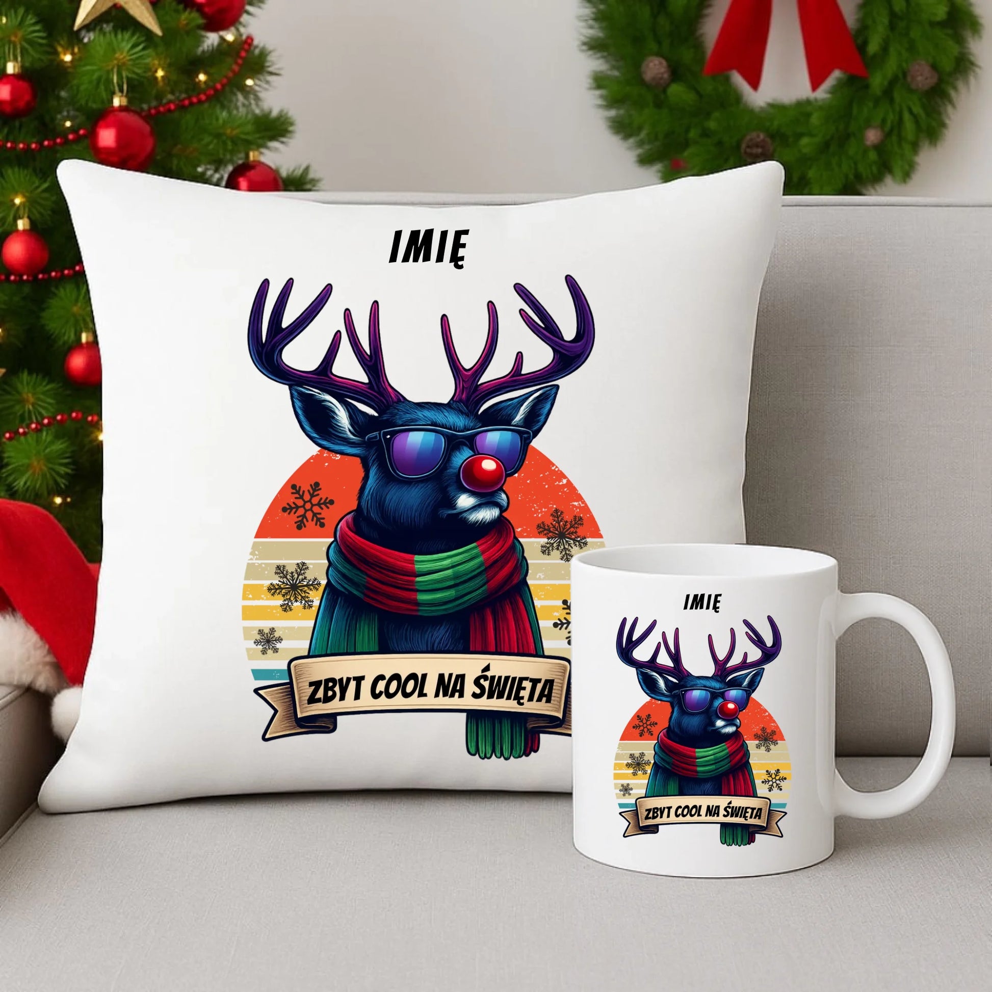 Zestaw poduszka i kubek świąteczny z reniferem - Zbyt cool na święta - personalizowany BN128 - StoryCups.pl