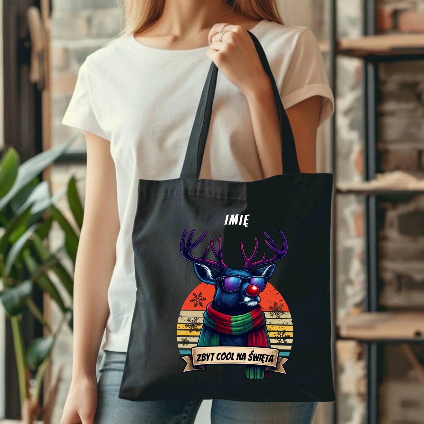 Torba świąteczna z reniferem - Zbyt cool na święta - personalizowana BN128 - StoryCups.pl