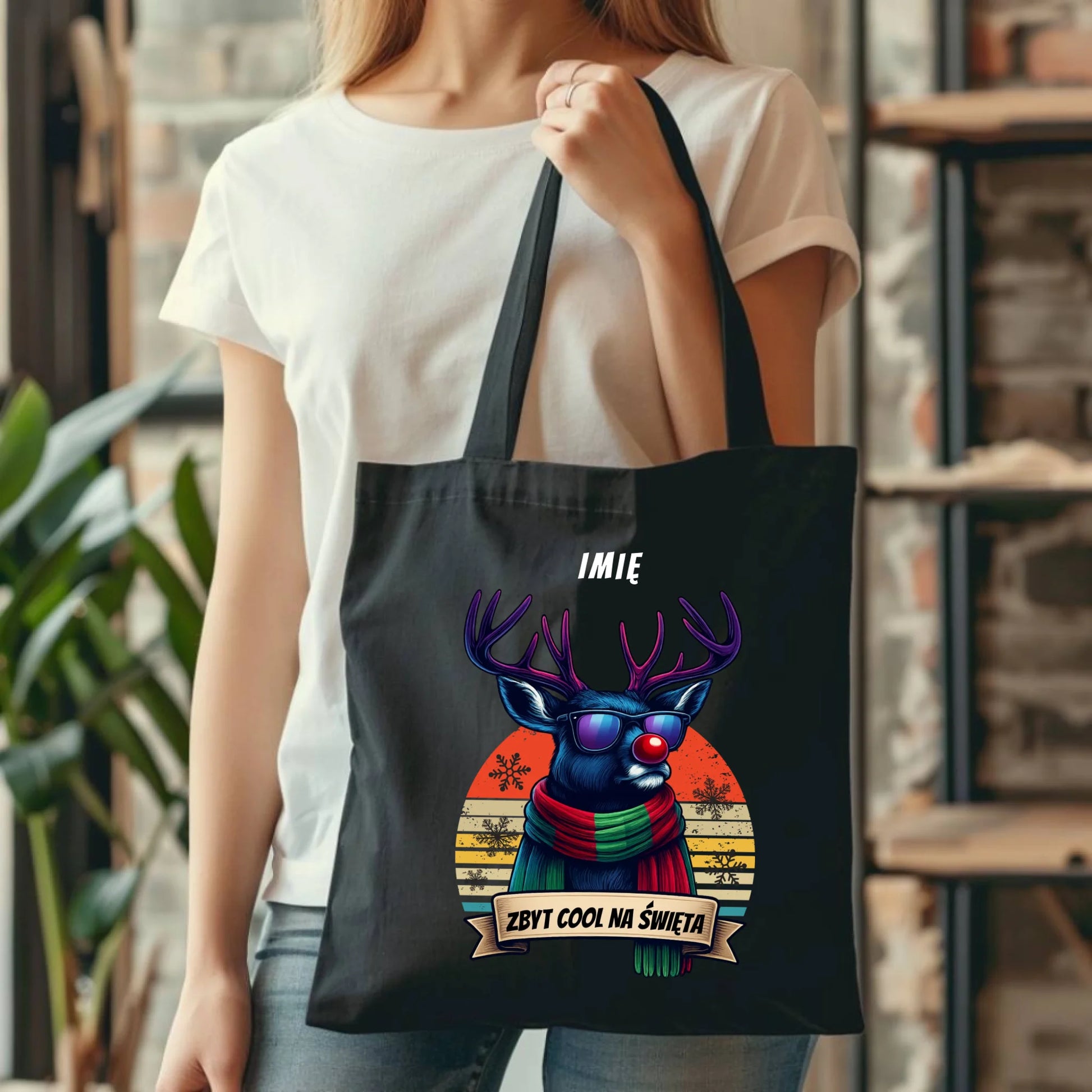 Torba świąteczna z reniferem - Zbyt cool na święta - personalizowana BN128 - StoryCups.pl