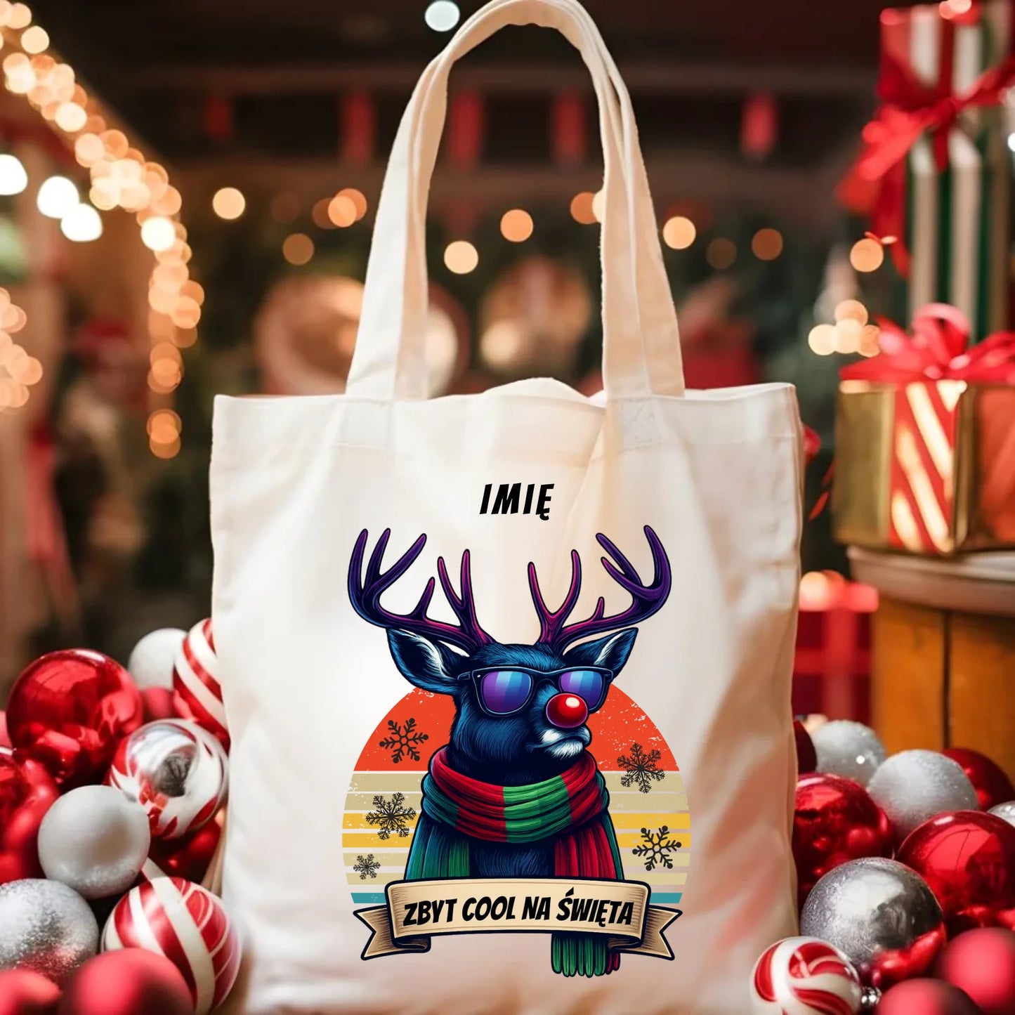 Torba świąteczna z reniferem - Zbyt cool na święta - personalizowana BN128 - StoryCups.pl