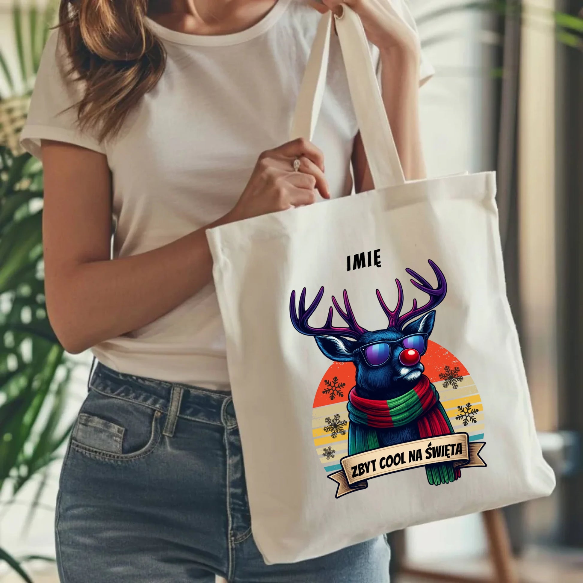 Torba świąteczna z reniferem - Zbyt cool na święta - personalizowana BN128 - StoryCups.pl