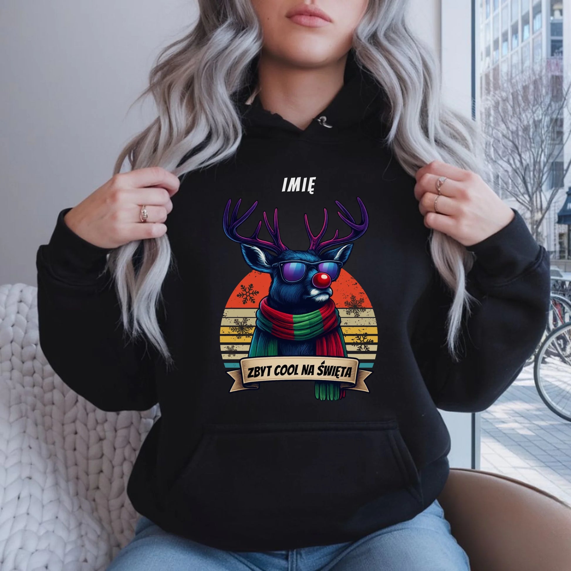 Bluza damska z kapturem świąteczna z reniferem - Zbyt cool na święta - personalizowana BN128 - StoryCups.pl