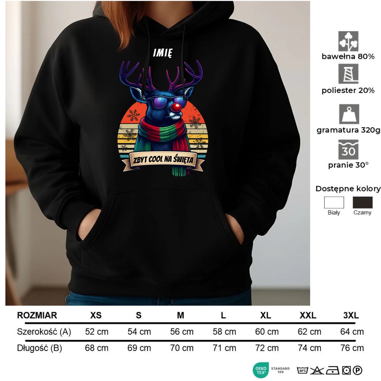 Bluza damska z kapturem świąteczna z reniferem - Zbyt cool na święta - personalizowana BN128 - StoryCups.pl