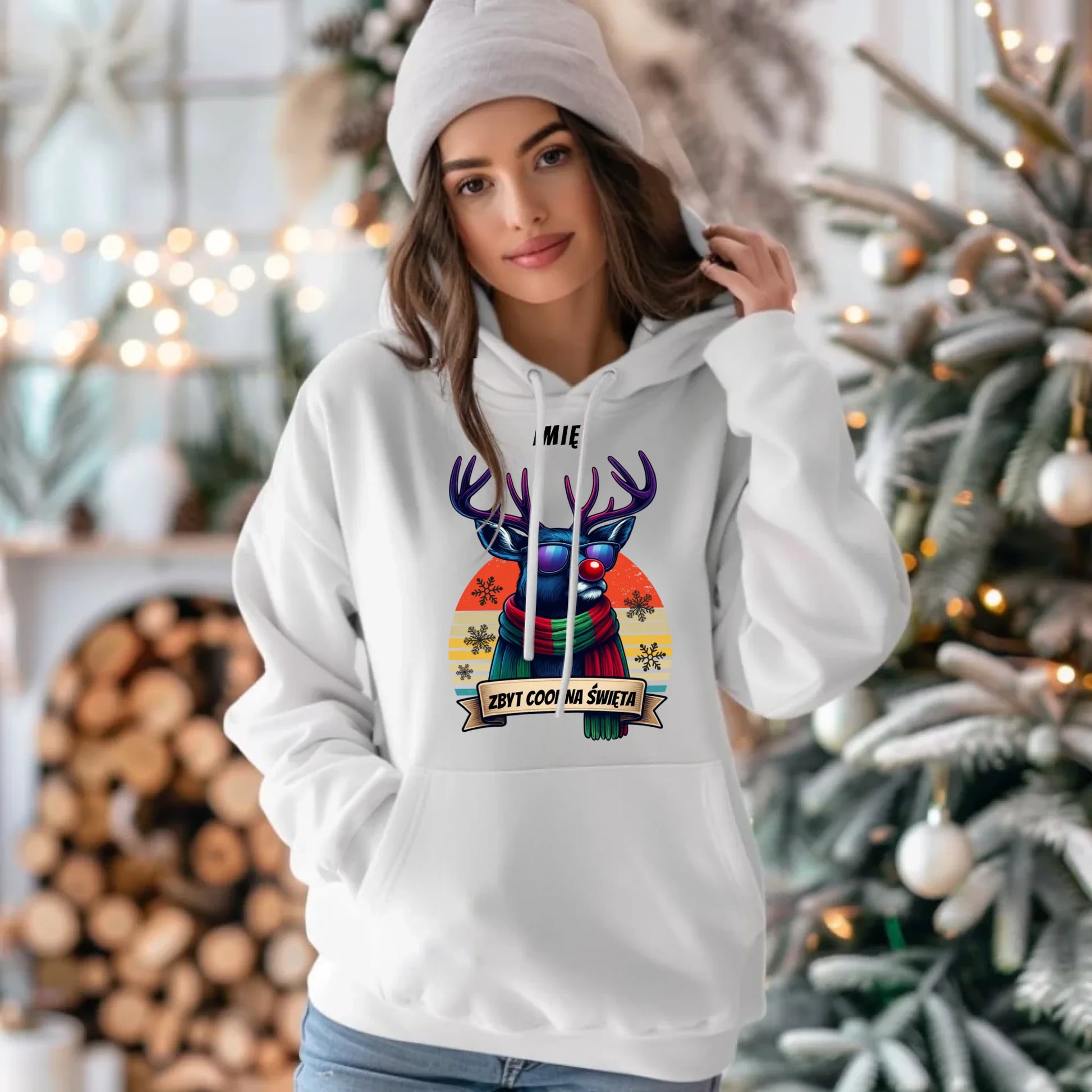 Bluza damska z kapturem świąteczna z reniferem - Zbyt cool na święta - personalizowana BN128 - StoryCups.pl