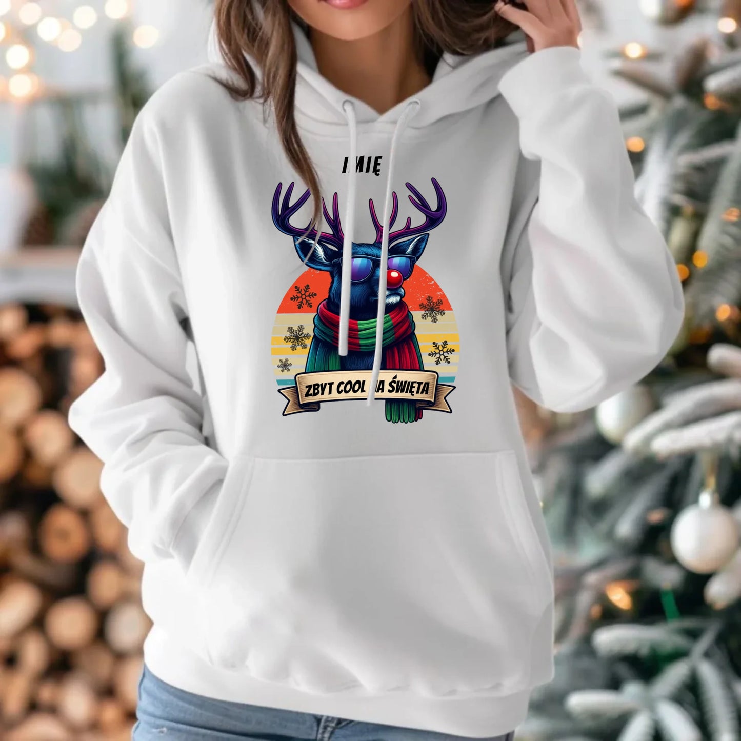 Bluza damska z kapturem świąteczna z reniferem - Zbyt cool na święta - personalizowana BN128 - StoryCups.pl