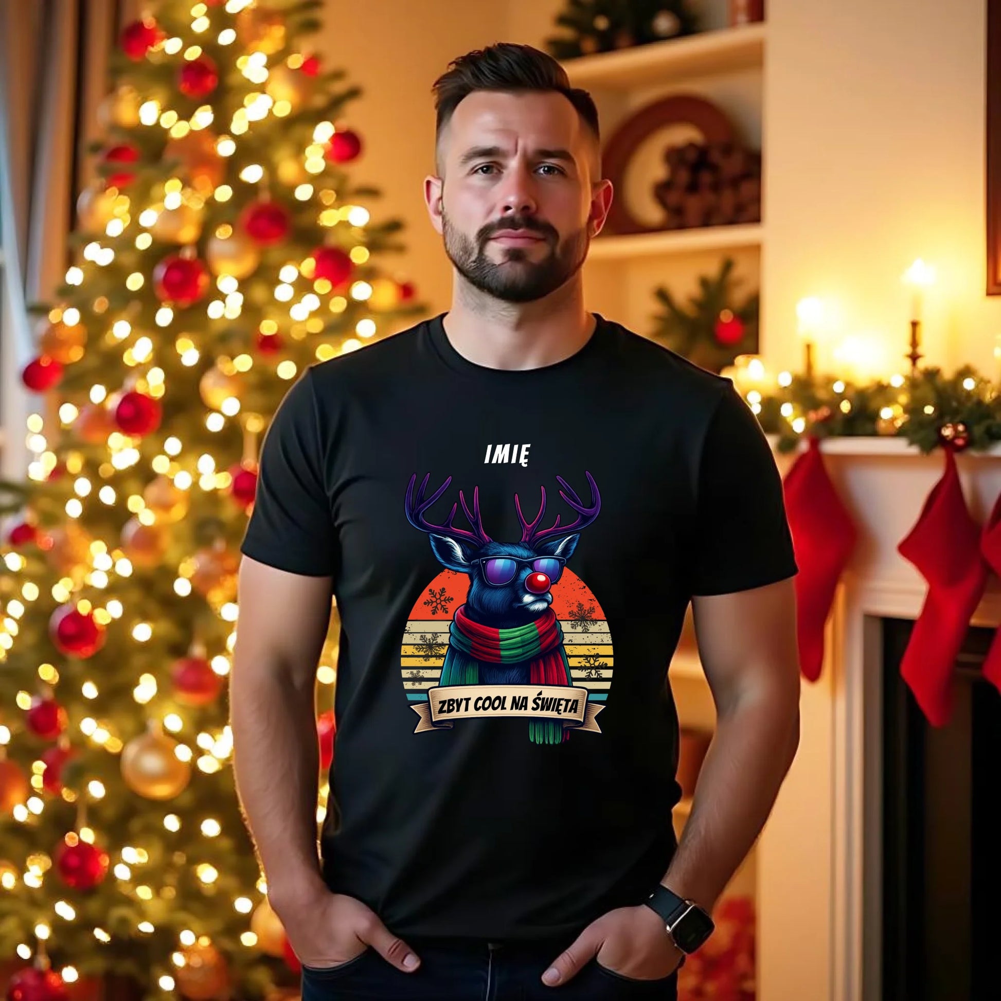 Koszulka męska świąteczna z reniferem - Zbyt cool na święta - personalizowana BN128 - StoryCups.pl