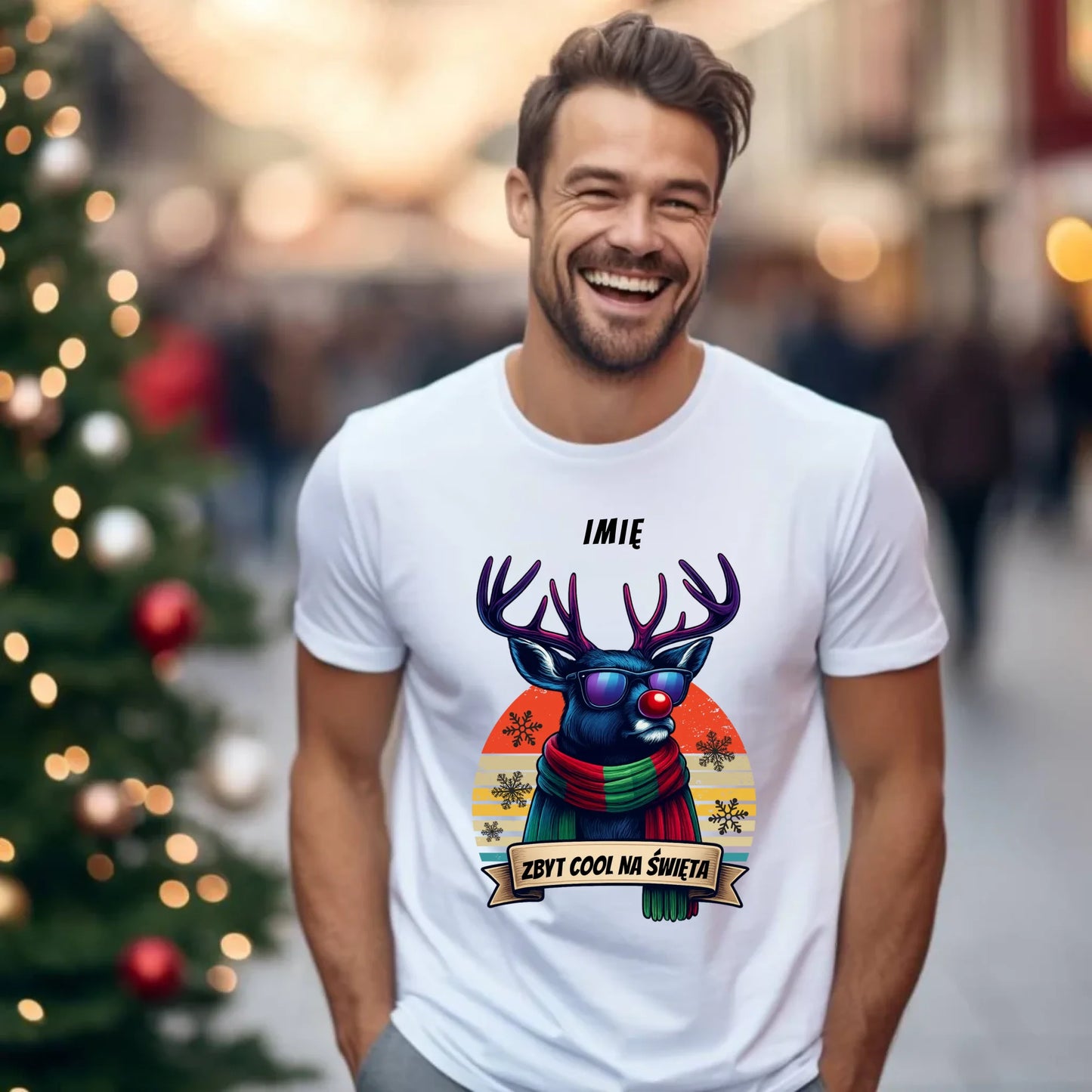 Koszulka męska świąteczna z reniferem - Zbyt cool na święta - personalizowana BN128 - StoryCups.pl