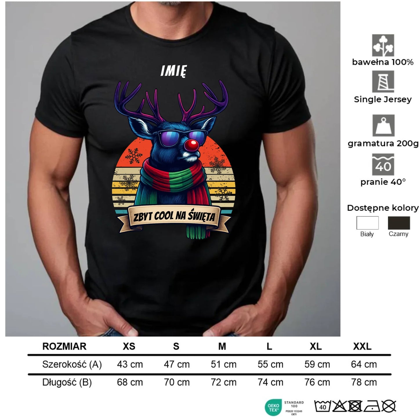 Koszulka męska świąteczna z reniferem - Zbyt cool na święta - personalizowana BN128 - StoryCups.pl