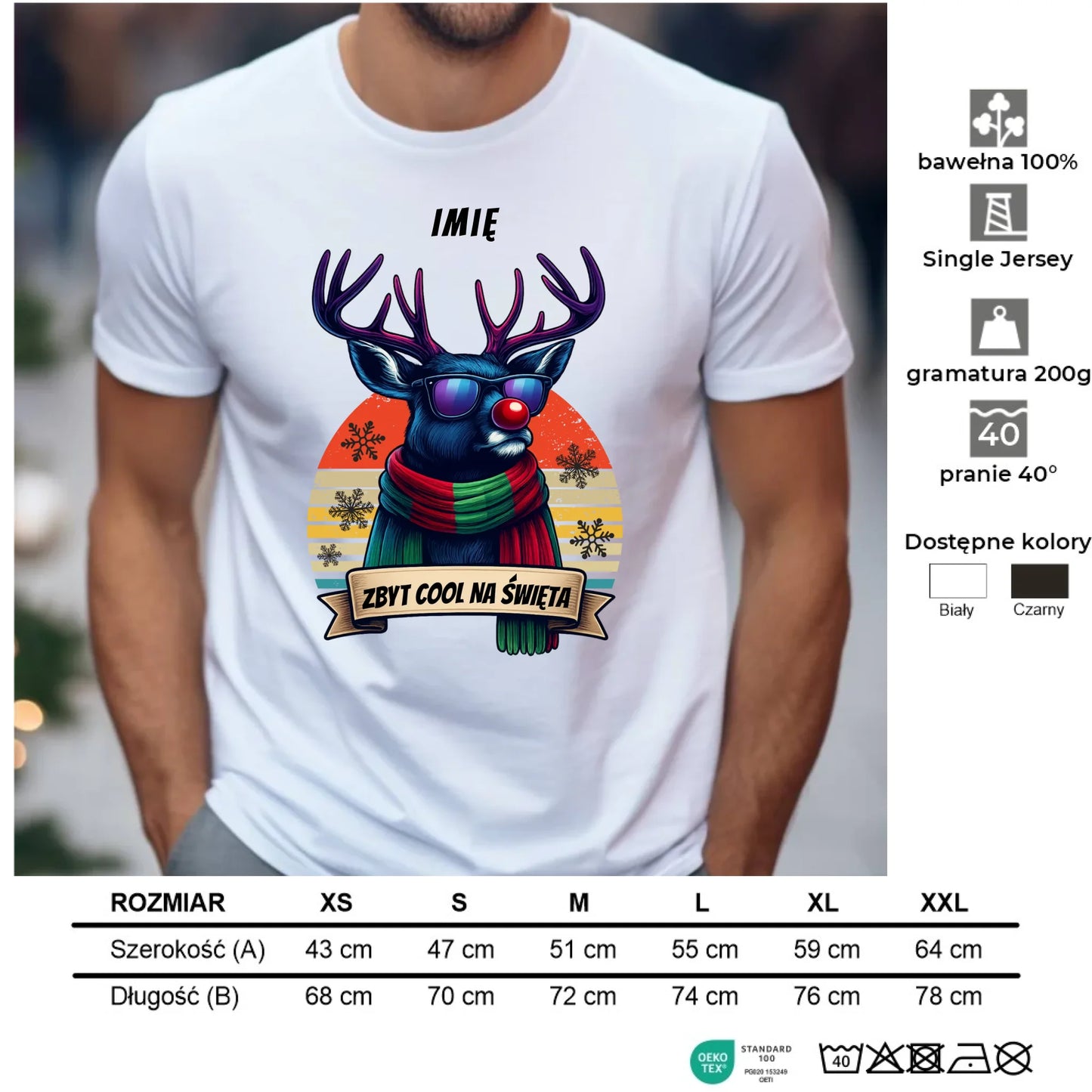 Koszulka męska świąteczna z reniferem - Zbyt cool na święta - personalizowana BN128 - StoryCups.pl