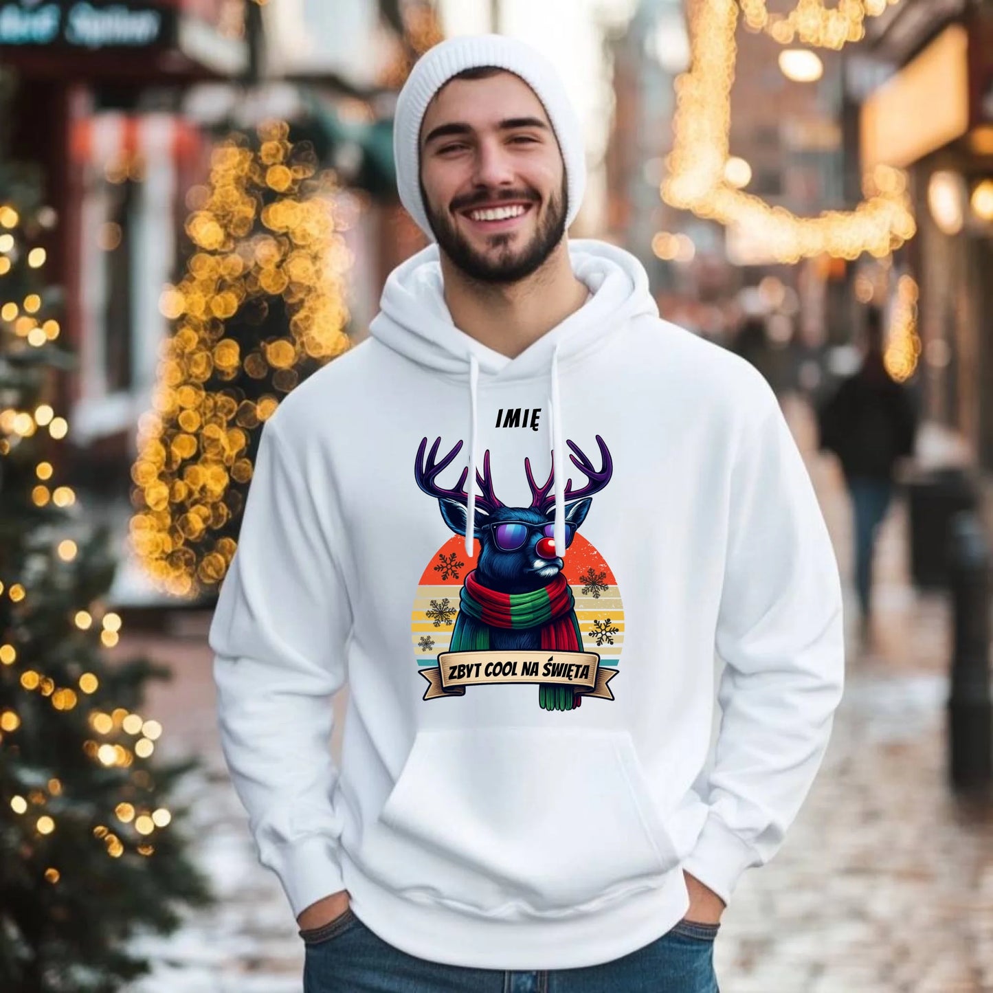Bluza męska z kapturem świąteczna z reniferem - Zbyt cool na święta - personalizowana BN128 - StoryCups.pl