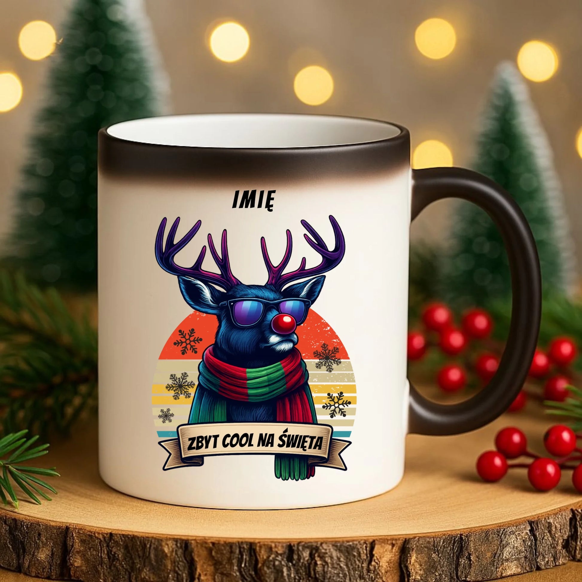 Kubek magiczny świąteczny z reniferem - Zbyt cool na święta - personalizowany BN128 - StoryCups.pl