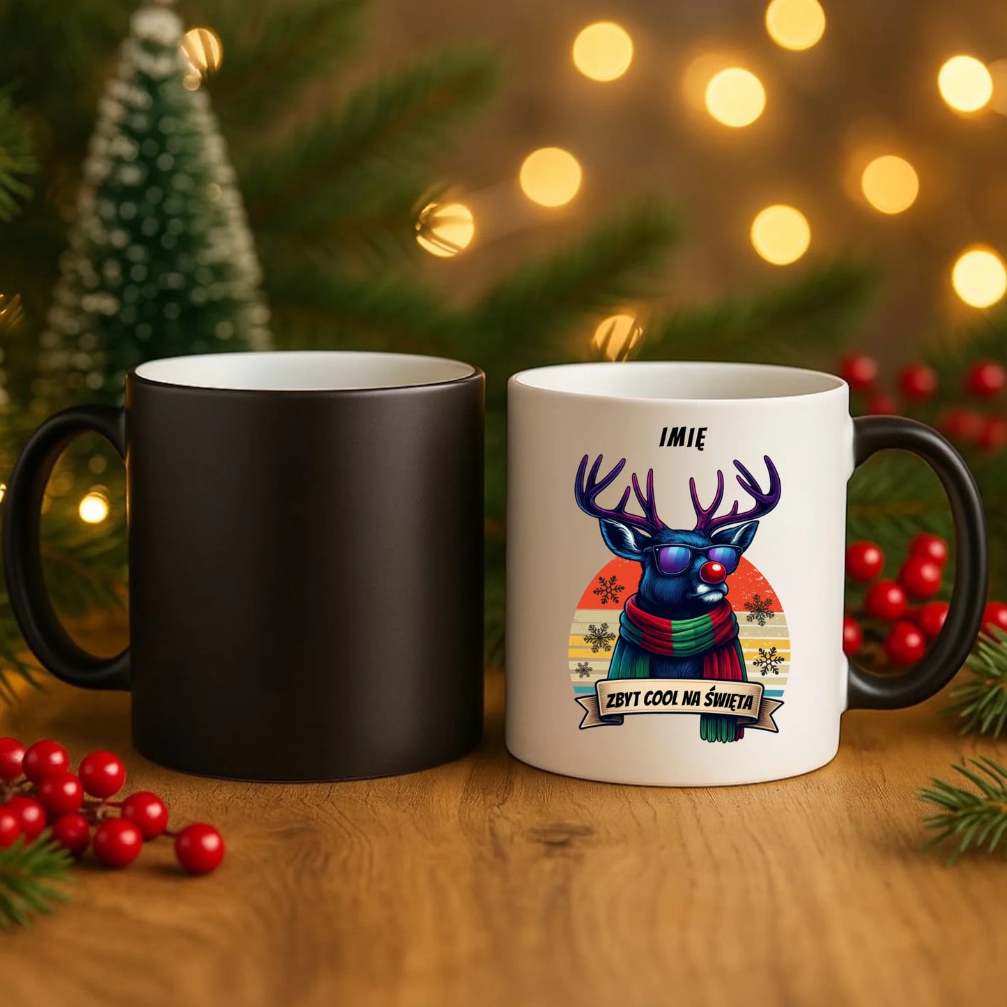 Kubek magiczny świąteczny z reniferem - Zbyt cool na święta - personalizowany BN128 - StoryCups.pl