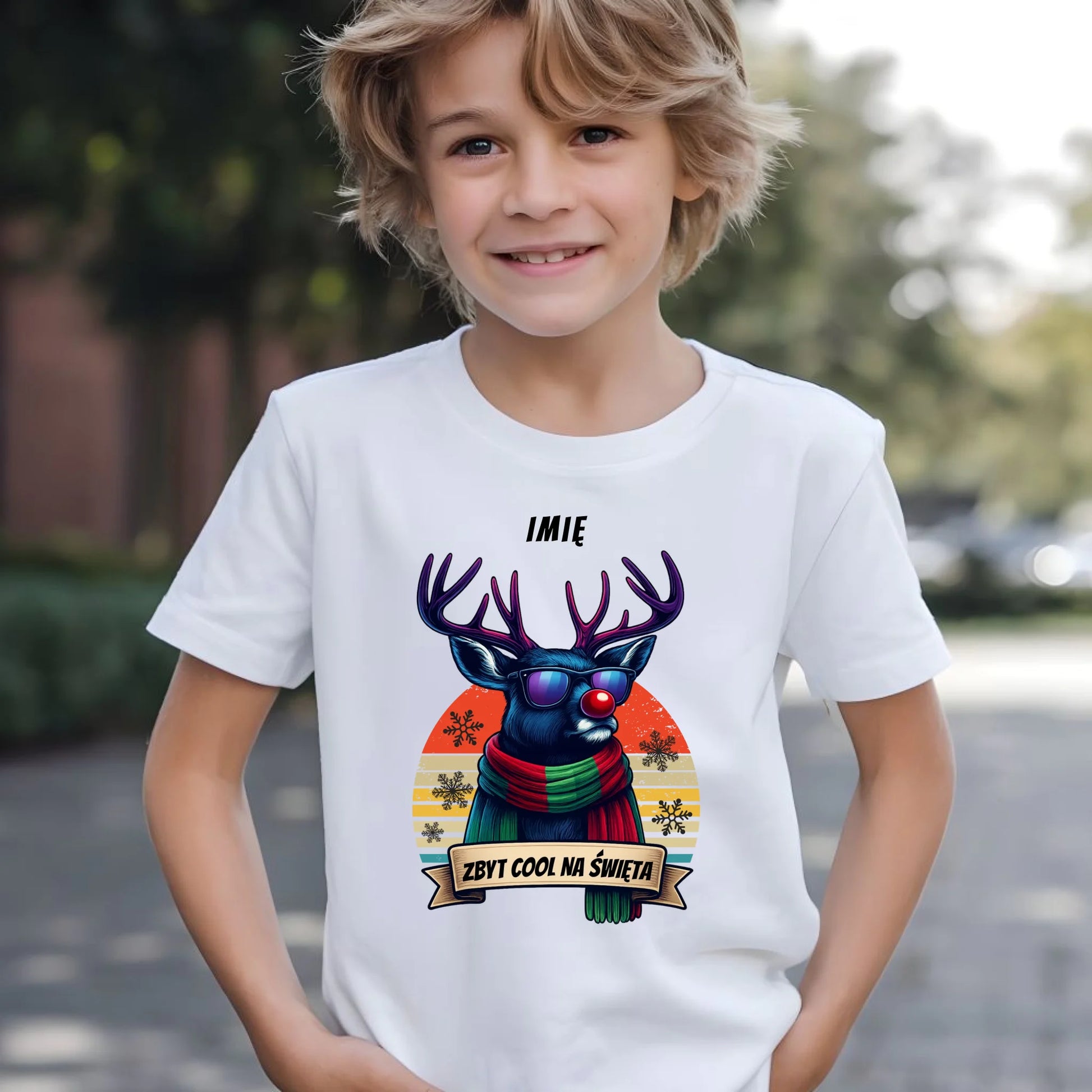 Koszulka dziecięca świąteczna z reniferem - Zbyt cool na święta - personalizowana BN128 - StoryCups.pl