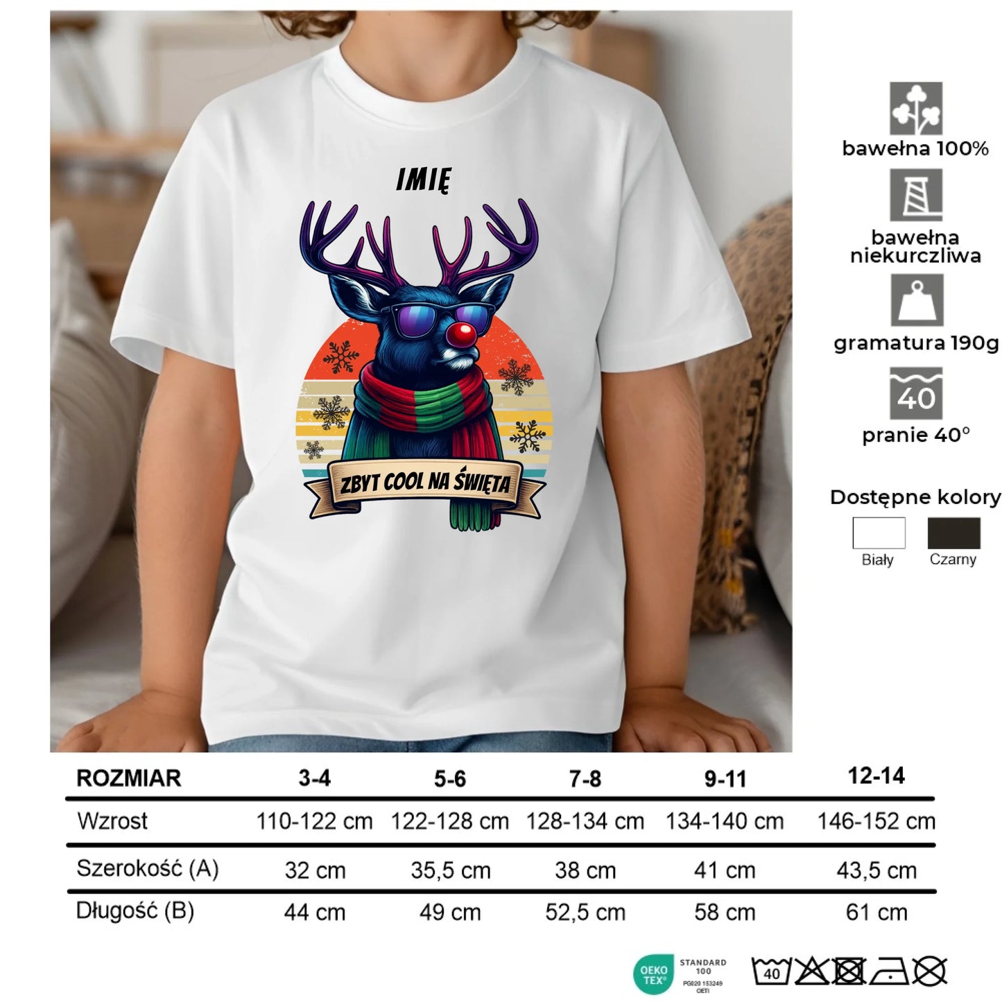 Koszulka dziecięca świąteczna z reniferem - Zbyt cool na święta - personalizowana BN128 - StoryCups.pl