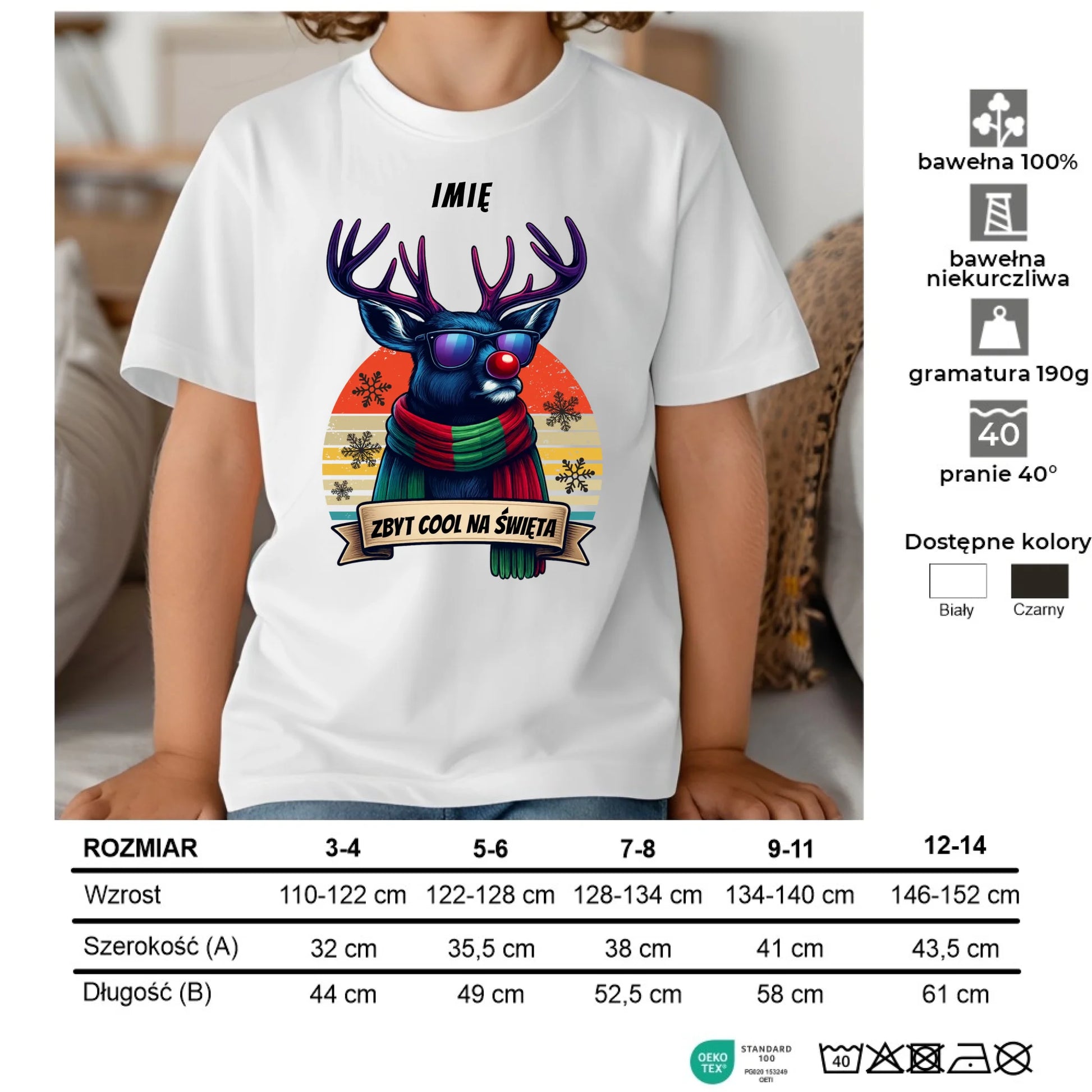 Koszulka dziecięca świąteczna z reniferem - Zbyt cool na święta - personalizowana BN128 - StoryCups.pl
