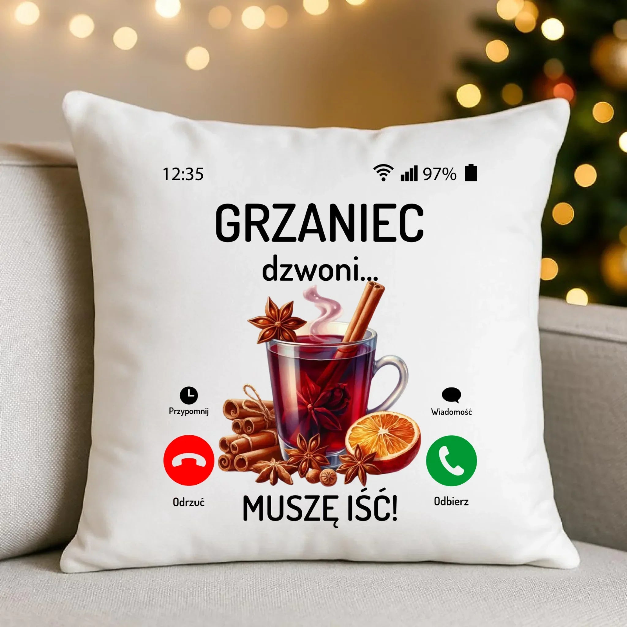 Poduszka świąteczna - Grzaniec dzwoni, muszę iść BN127 - StoryCups.pl