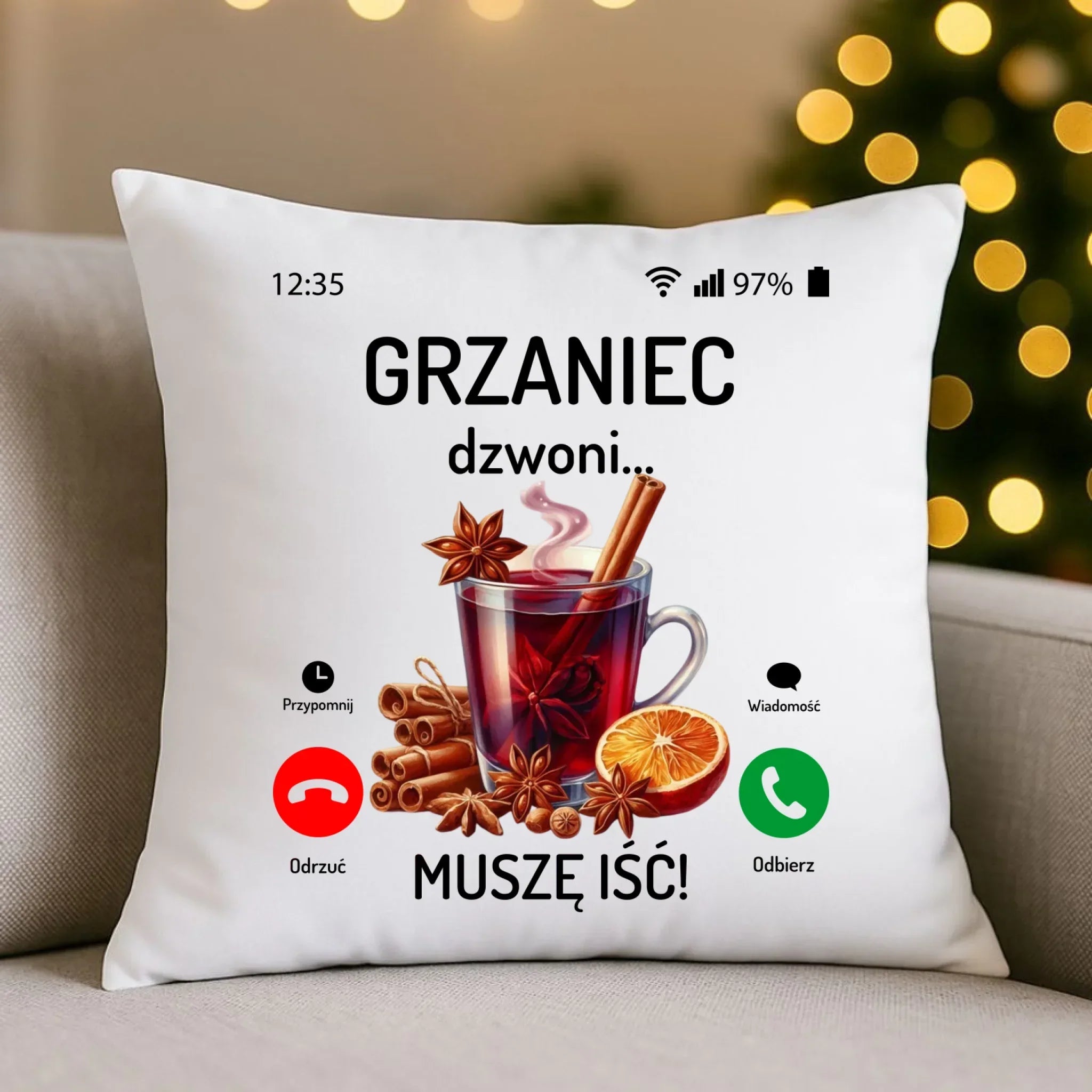 Poduszka świąteczna - Grzaniec dzwoni, muszę iść BN127 - StoryCups.pl