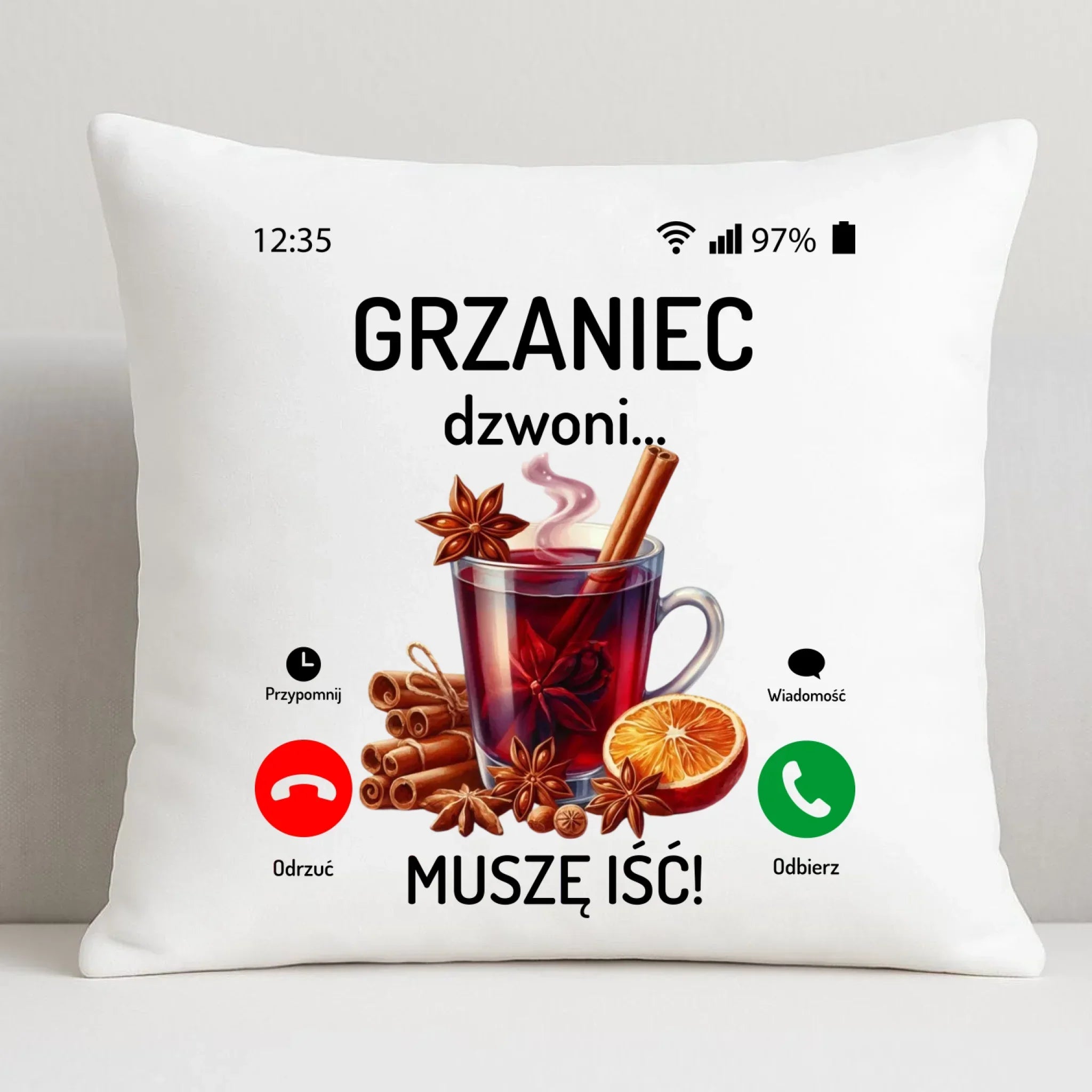 Poduszka świąteczna - Grzaniec dzwoni, muszę iść BN127 - StoryCups.pl