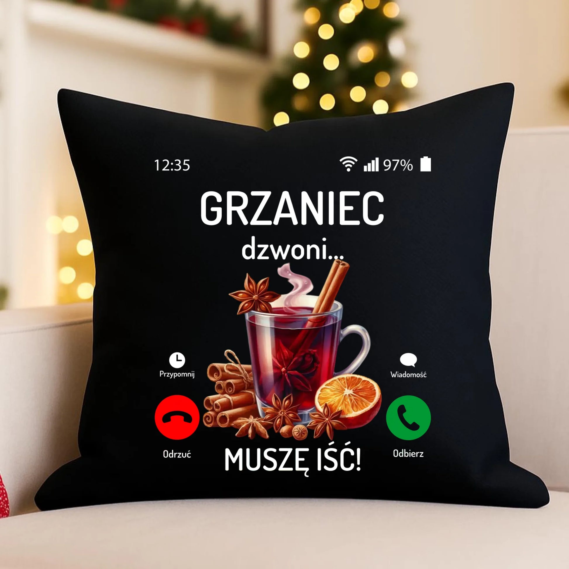 Poduszka dekoracyjna świąteczna - Grzaniec dzwoni, muszę iść BN127 - StoryCups.pl
