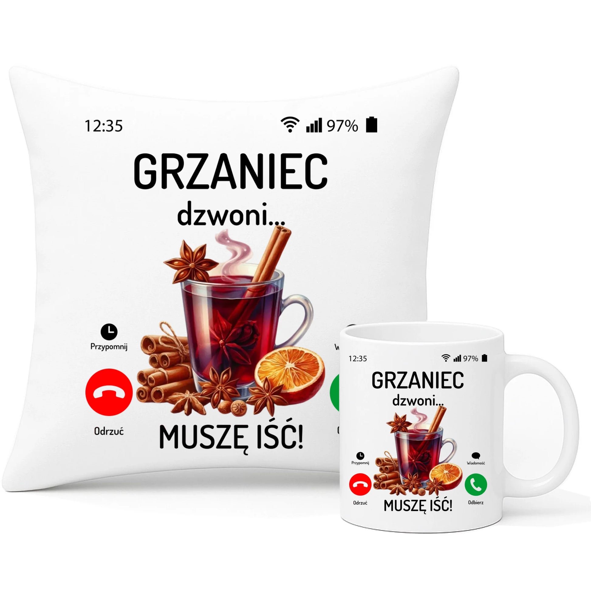 Zestaw poduszka i kubek świąteczny - Grzaniec dzwoni, muszę iść BN127 - StoryCups.pl