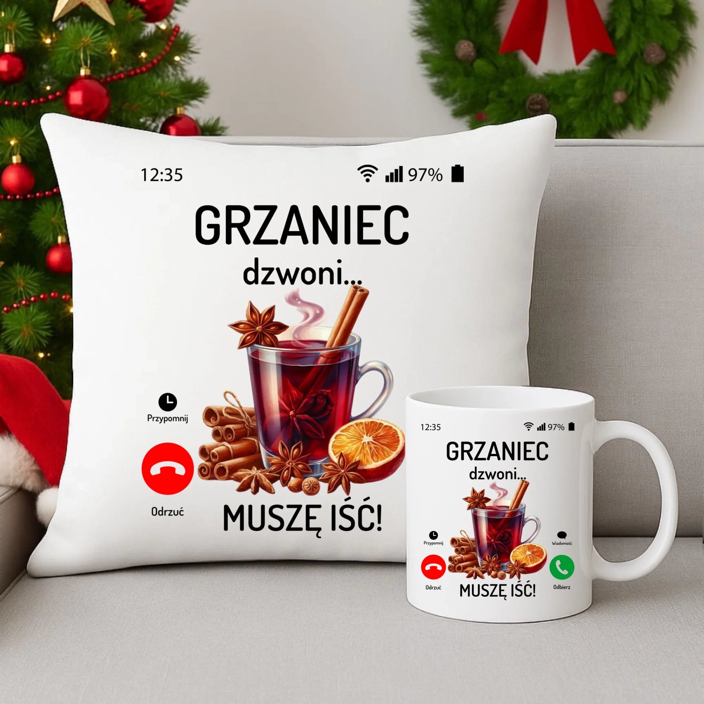 Zestaw poduszka i kubek świąteczny - Grzaniec dzwoni, muszę iść BN127 - StoryCups.pl