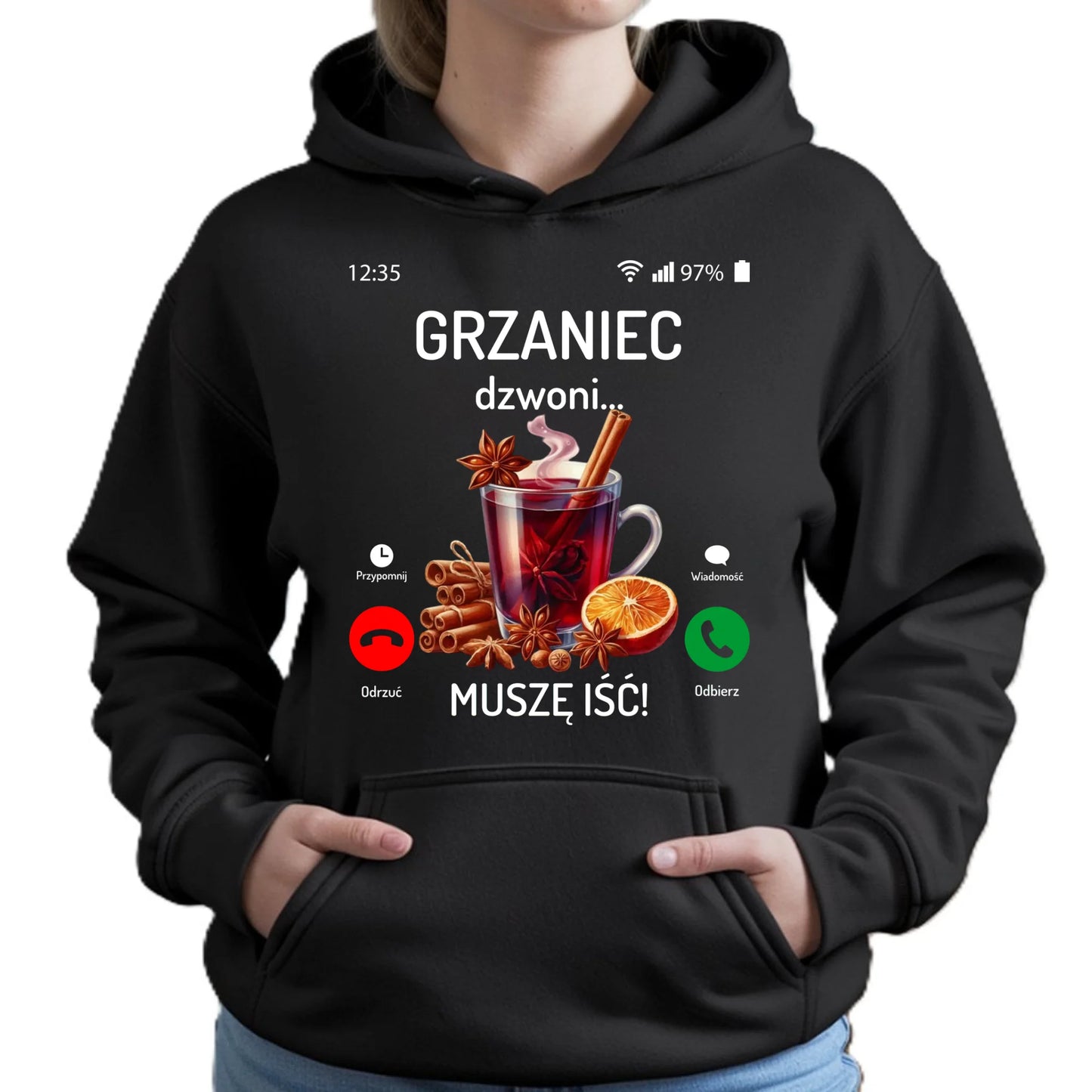 Bluza damska z kapturem świąteczna - Grzaniec dzwoni, muszę iść BN127 - StoryCups.pl