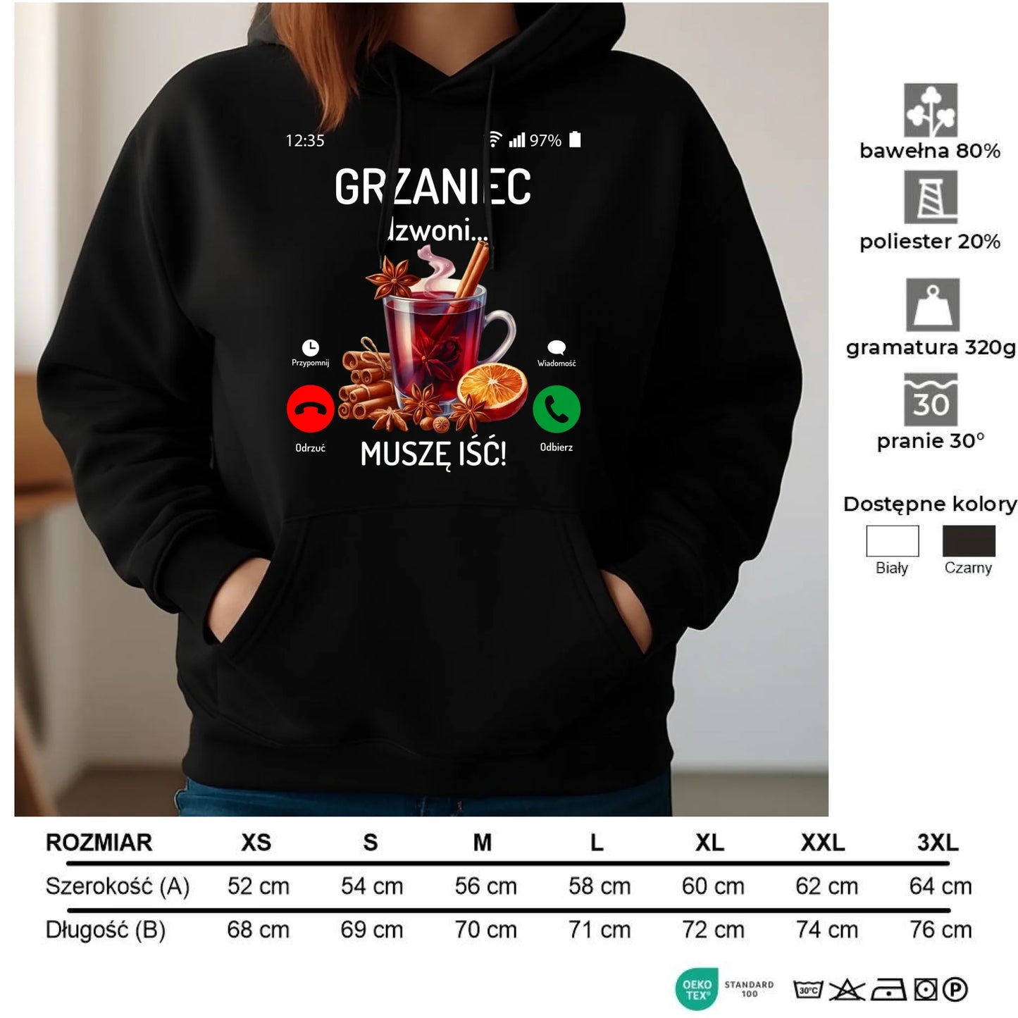 Bluza damska z kapturem świąteczna - Grzaniec dzwoni, muszę iść BN127 - StoryCups.pl