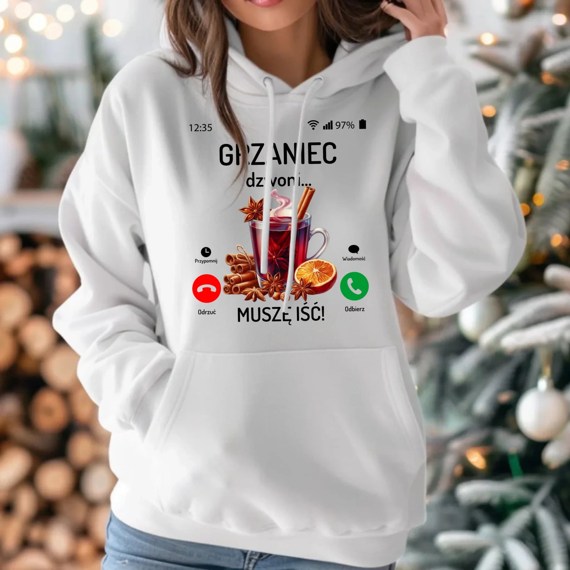 Bluza damska z kapturem świąteczna - Grzaniec dzwoni, muszę iść BN127 - StoryCups.pl