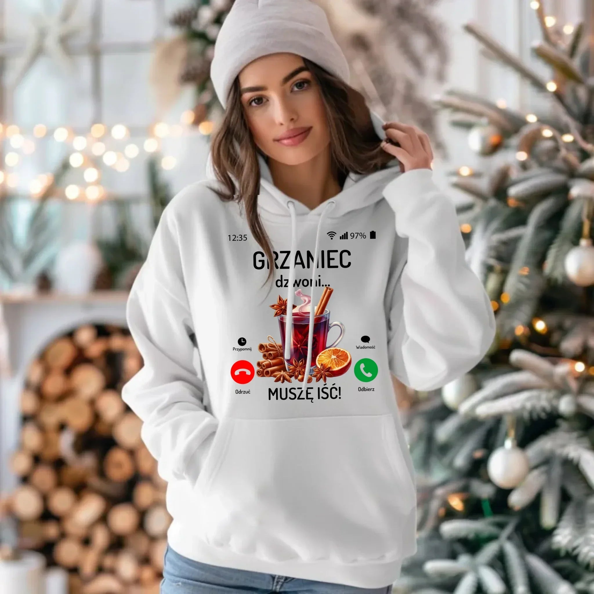 Bluza damska z kapturem świąteczna - Grzaniec dzwoni, muszę iść BN127 - StoryCups.pl