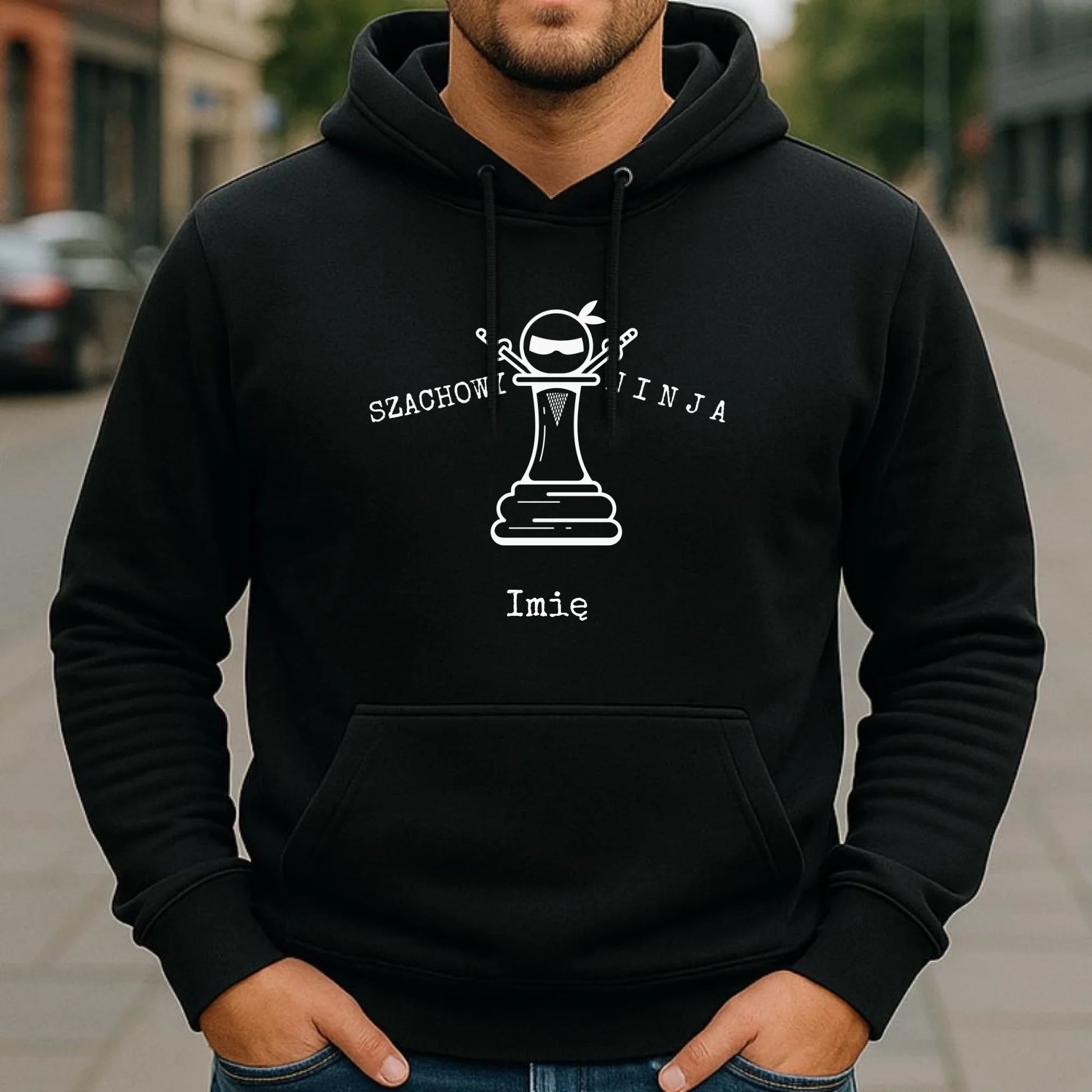 Bluza męska z kapturem dla szachisty - Szachowy ninja - personalizowana HSZ01 - StoryCups.pl