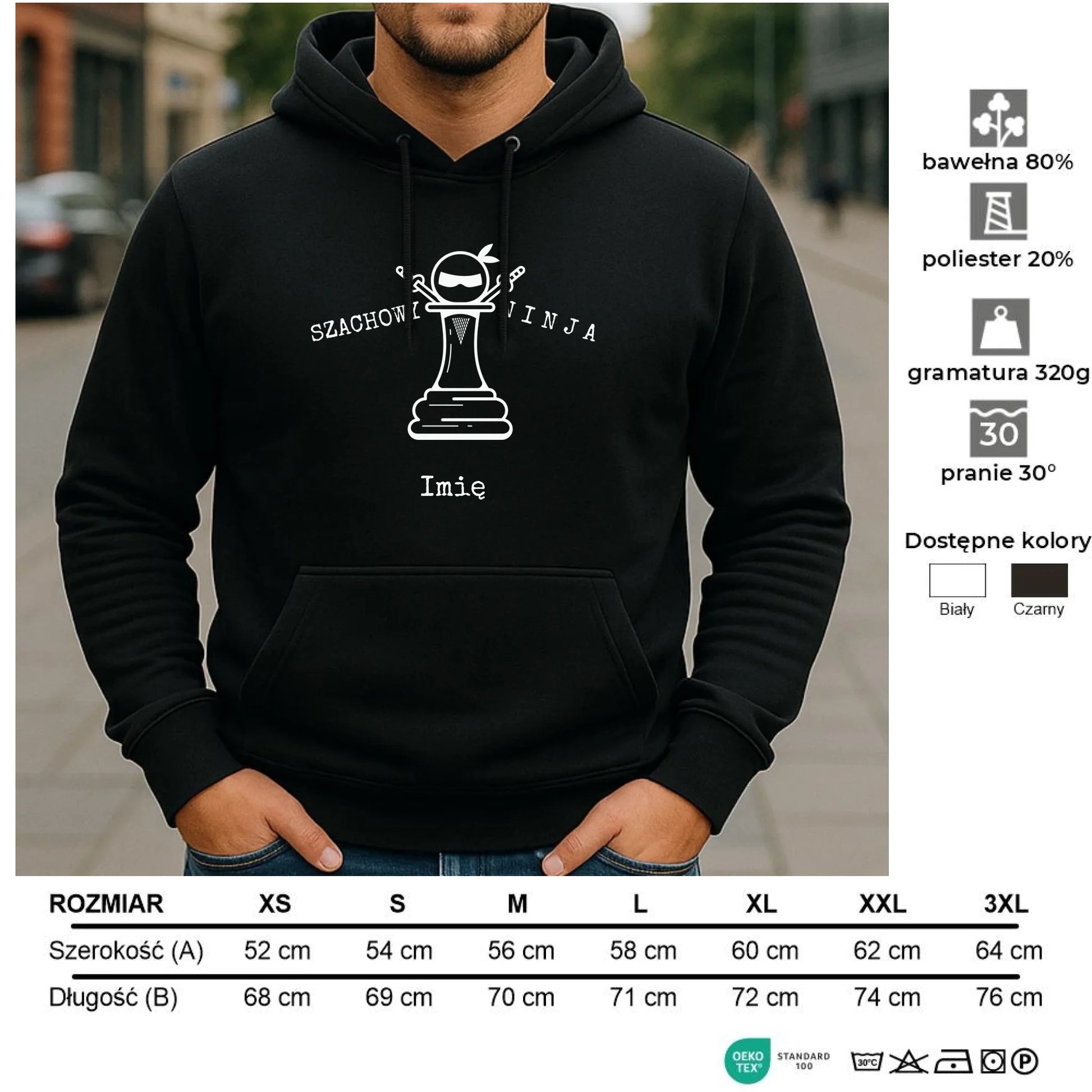 Bluza męska z kapturem dla szachisty - Szachowy ninja - personalizowana HSZ01 - StoryCups.pl