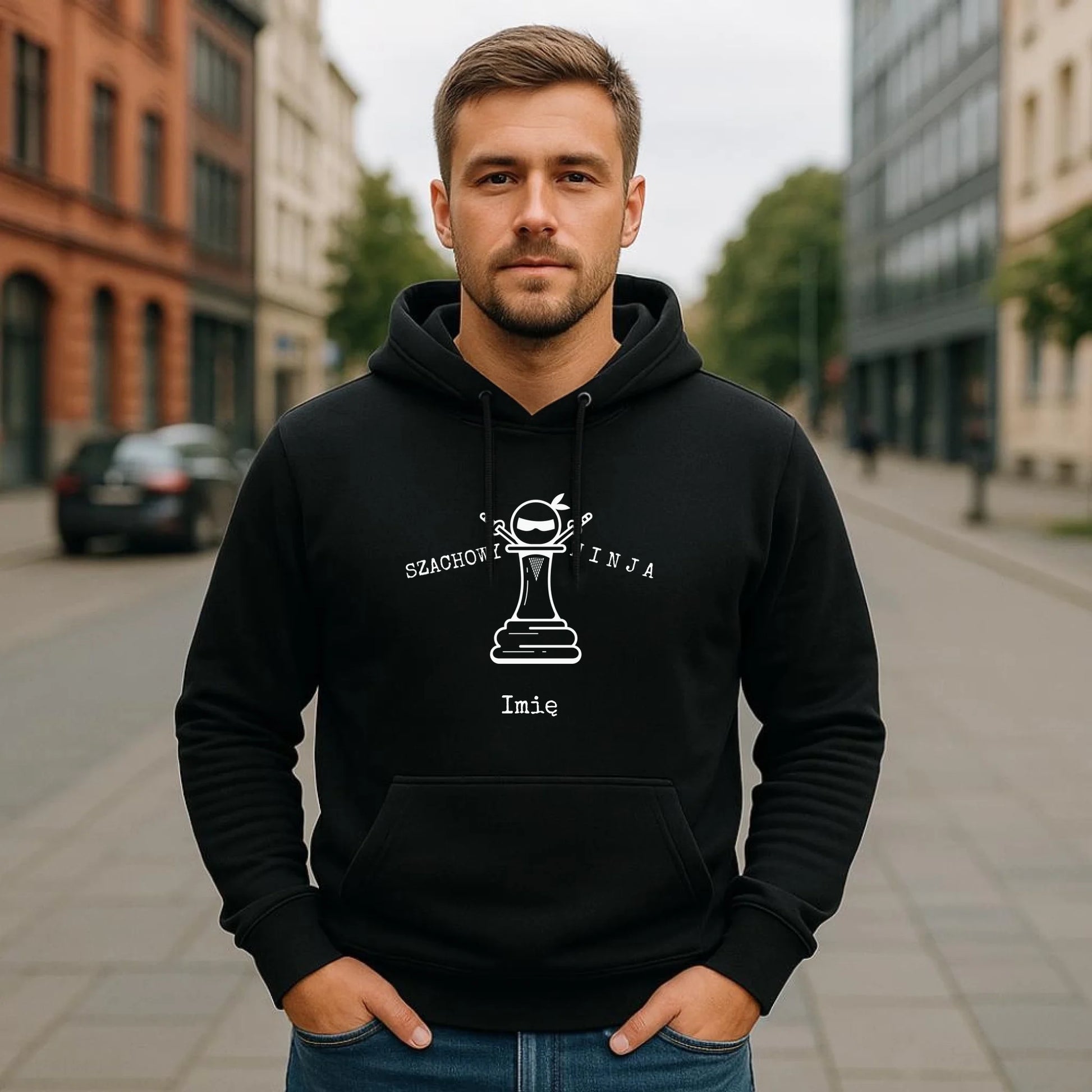 Bluza męska z kapturem dla szachisty - Szachowy ninja - personalizowana HSZ01 - StoryCups.pl