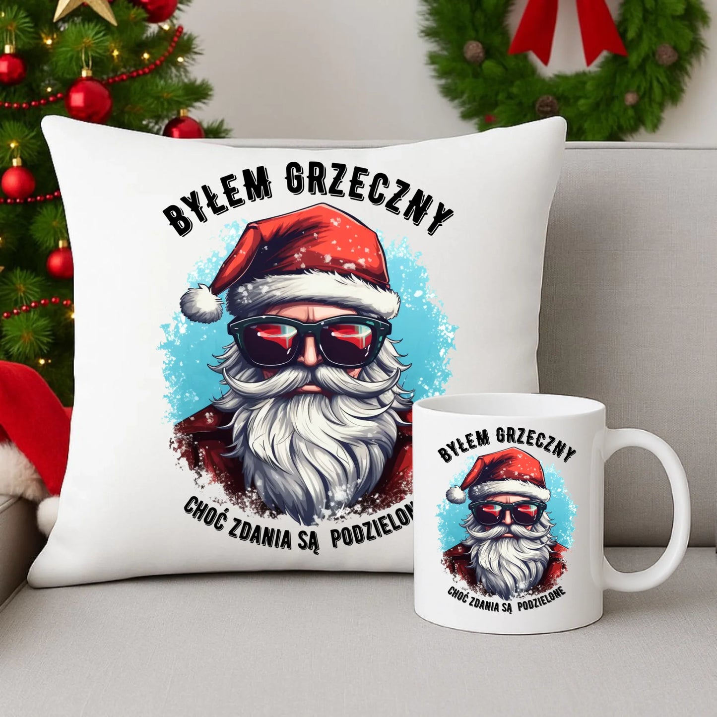 Zestaw poduszka i kubek świąteczny z Mikołajem - Byłem grzeczny, choć zdania są podzielone BN126 - StoryCups.pl