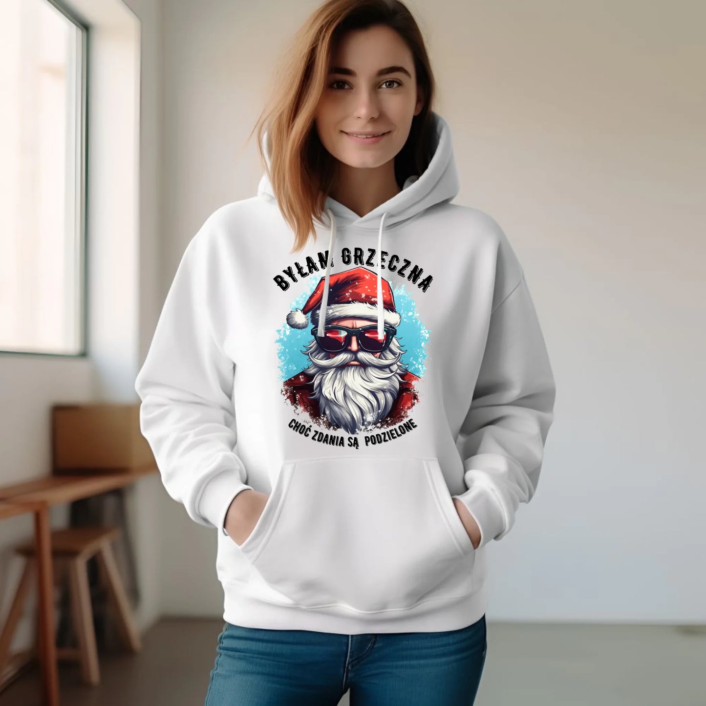 Bluza damska z kapturem świąteczna - Mikołaj - Byłam grzeczna, choć zdania są podzielone BN138 - StoryCups.pl